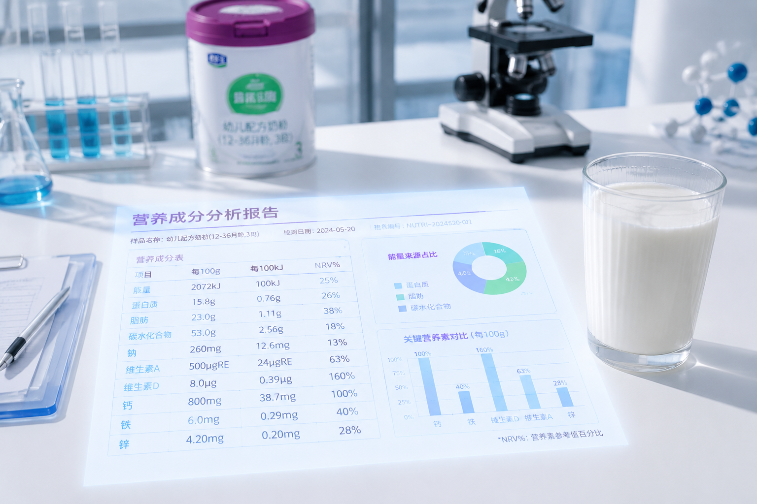 專業(yè)的實(shí)驗(yàn)室桌面或者營養(yǎng)師桌面，上面有一份詳細(xì)的營養(yǎng)成分表投影，旁邊放著一杯沖泡好的牛奶，體現(xiàn)專業(yè)測評、數(shù)據(jù)嚴(yán)謹(jǐn)?shù)姆諊?，清晰明亮?/></p><h4>1. 基礎(chǔ)營養(yǎng)成分</h4><table><thead><tr><th style=