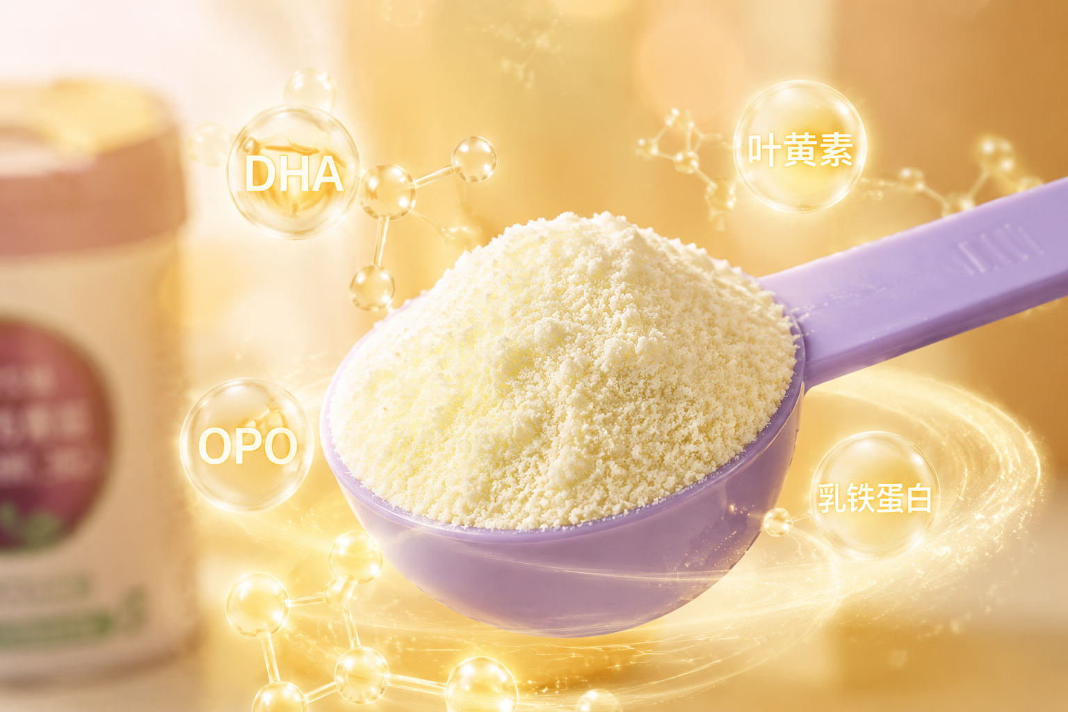 微距攝影，一勺細(xì)膩的奶粉，周圍環(huán)繞著發(fā)光的分子結(jié)構(gòu)圖標(biāo)（代表DHA、OPO、葉黃素等營養(yǎng)成分），充滿科技感與母嬰呵護(hù)的溫馨感，暖色調(diào)。
