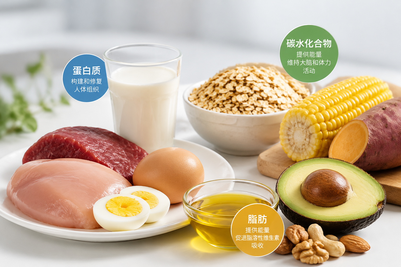 精美的微距食物攝影，展示高蛋白食物（牛奶、雞蛋、瘦肉）與優(yōu)質碳水、脂肪的組合，畫面清新健康，色彩明亮，代表基礎三大產能營養(yǎng)素，影棚燈光，極簡風格。