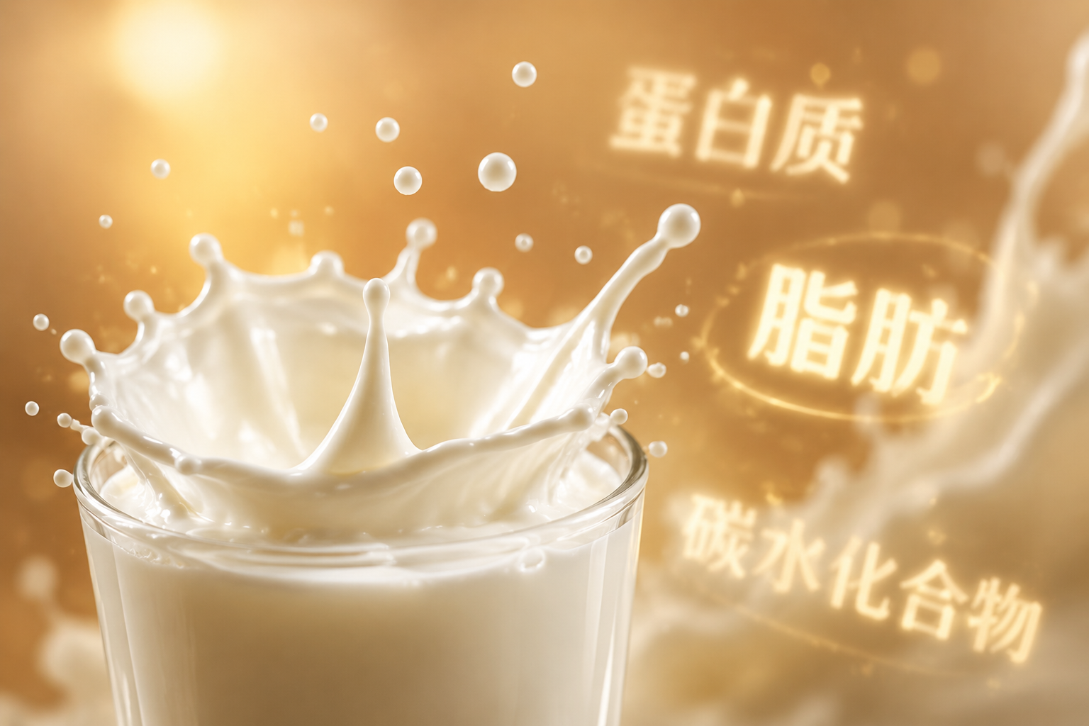微距攝影，潔白濃郁的牛奶在玻璃杯中濺起優(yōu)美的奶花，背景帶有柔和的暖光，旁邊用虛化的文字光效浮現(xiàn)“蛋白質(zhì)”、“脂肪”、“碳水化合物”等字樣，體現(xiàn)基礎(chǔ)營養(yǎng)的純凈與能量。