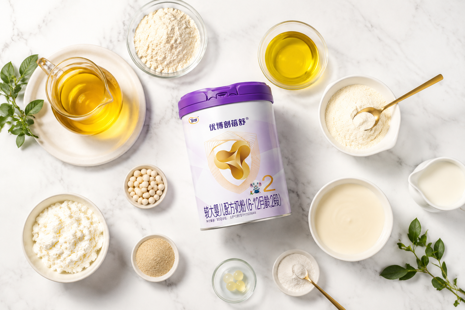 新鮮的植物油、乳清粉、益生菌粉末等健康的食品配料在干凈的白色大理石臺(tái)面上整齊排列，俯視構(gòu)圖，光線明亮，高端食材展示風(fēng)格。