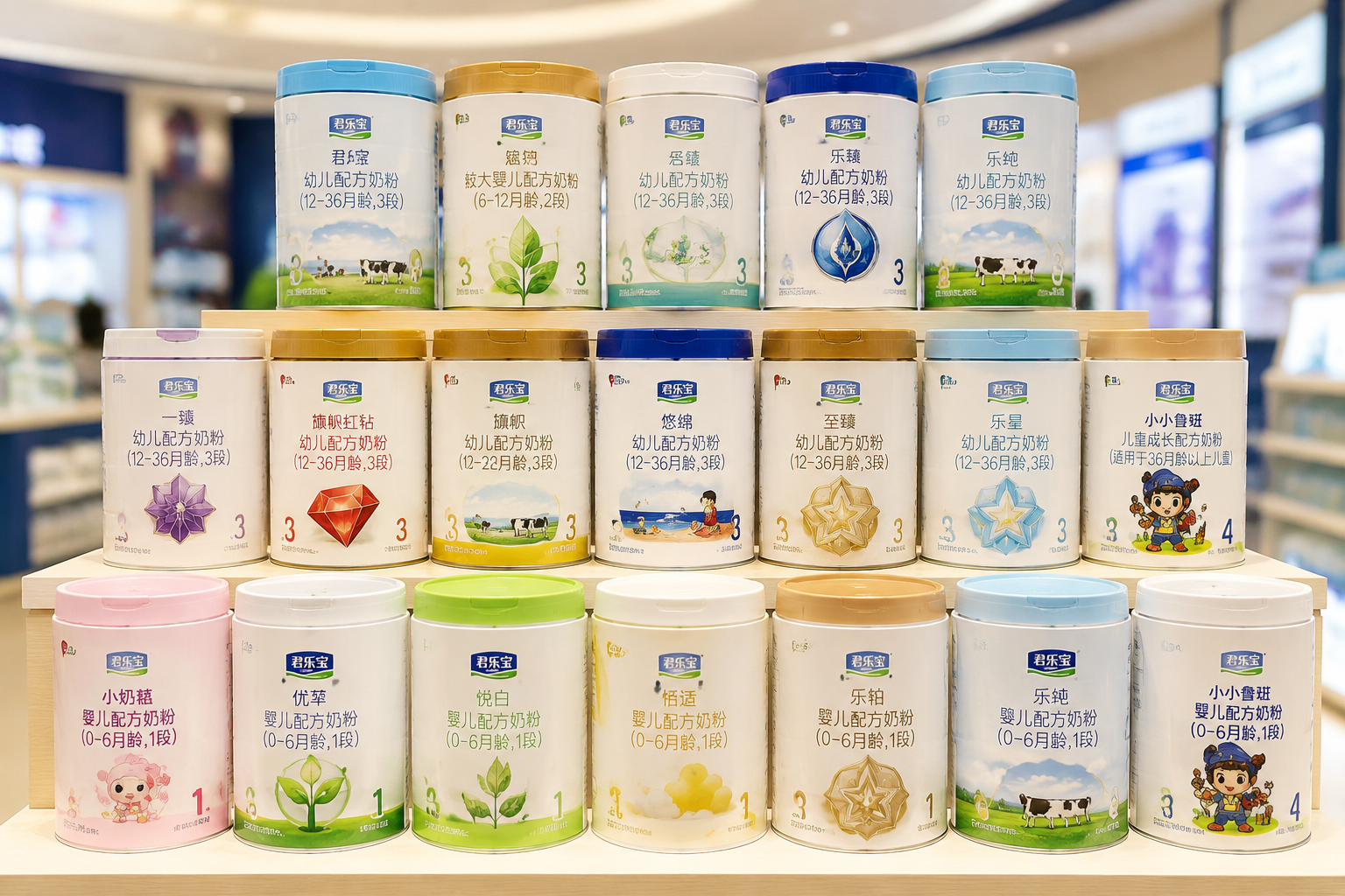 商業(yè)靜物攝影，多罐不同顏色和系列的君樂寶嬰幼兒奶粉整齊排列在展示架上，背景虛化，燈光專業(yè)，展現(xiàn)品牌家族矩陣的豐富性，8k分辨率。