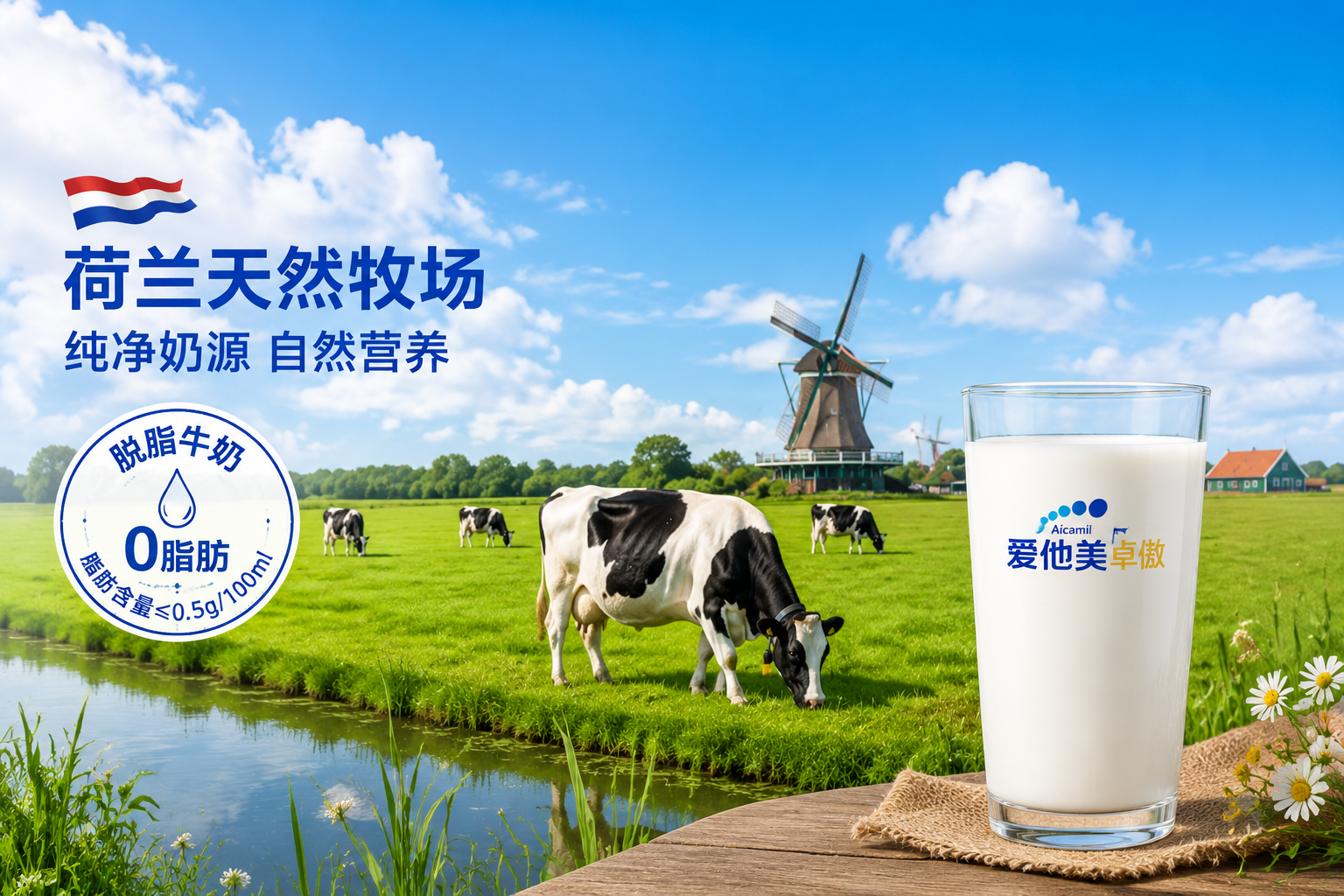 廣闊的荷蘭綠色牧場(chǎng)，藍(lán)天白云下有健康的黑白花奶牛在吃草，畫面一側(cè)融合一杯純凈的鮮牛奶，旁邊放著脫脂牛奶的標(biāo)識(shí)，展現(xiàn)天然、純凈的奶源地風(fēng)貌。