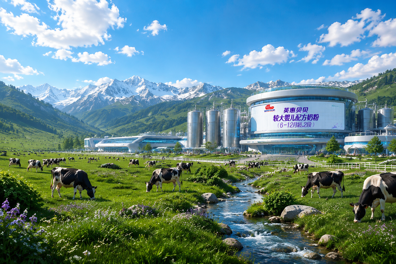 宏偉的現代化乳制品生產基地，結合萬畝高山生態(tài)牧場，奶牛在綠草如茵的牧場上悠閑吃草，充滿科技感與自然生態(tài)結合的畫面，廣角鏡頭，電影級色彩。