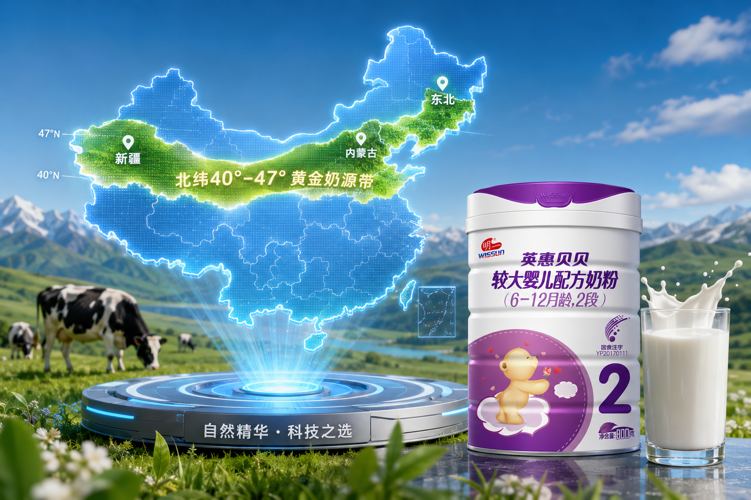 一幅中國地圖的3D全息投影，高亮顯示北緯40°-47°的黃金奶源帶（內蒙古、新疆、東北等地），旁邊放置著奶粉罐和一杯純凈的牛奶，科技感與自然元素的融合。