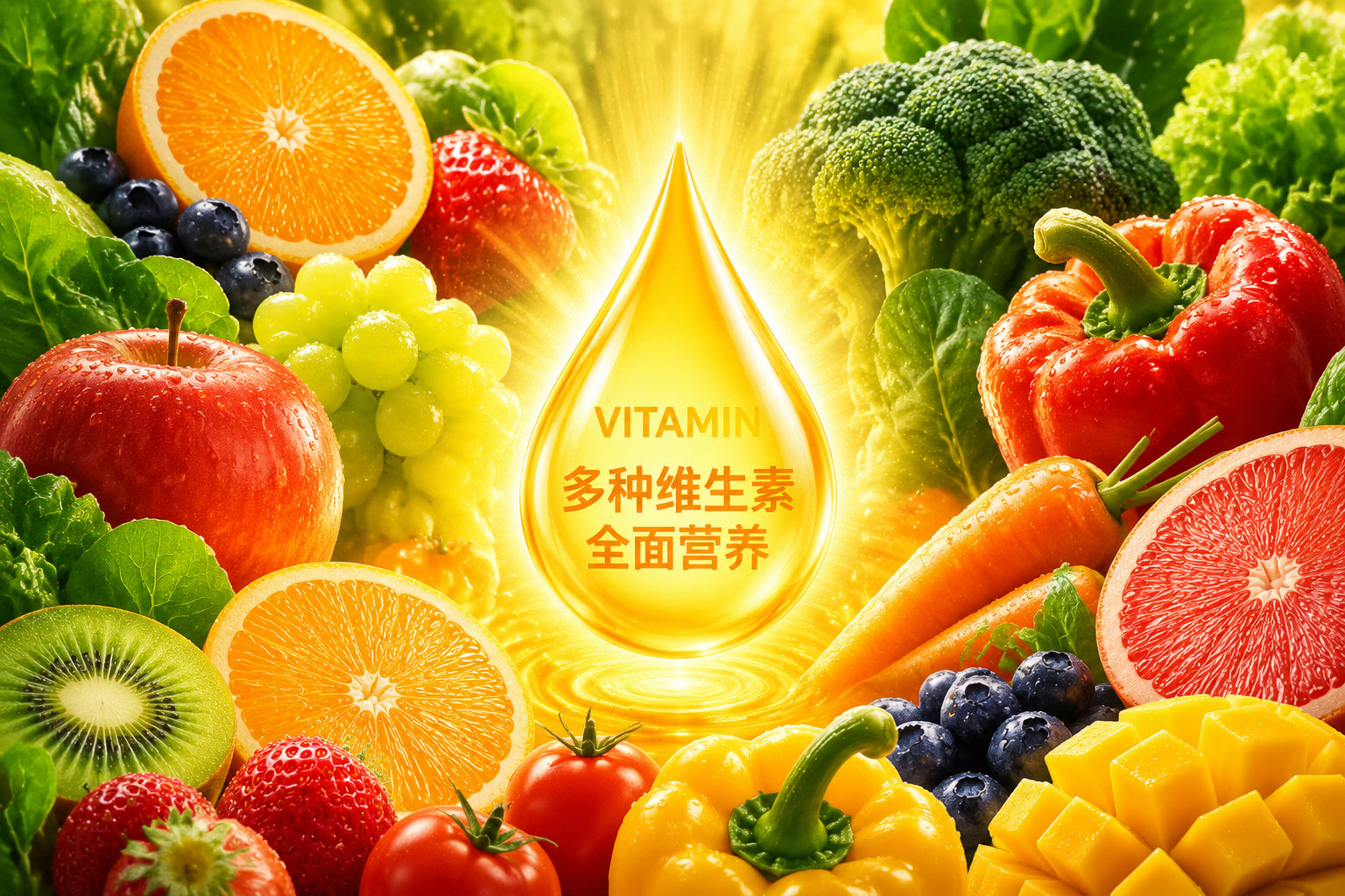 豐富的新鮮水果和蔬菜環(huán)繞著一滴金色的維生素精華，散發(fā)出溫暖的光芒，象征著全面的維生素補(bǔ)充，色彩鮮艷，充滿(mǎn)活力。