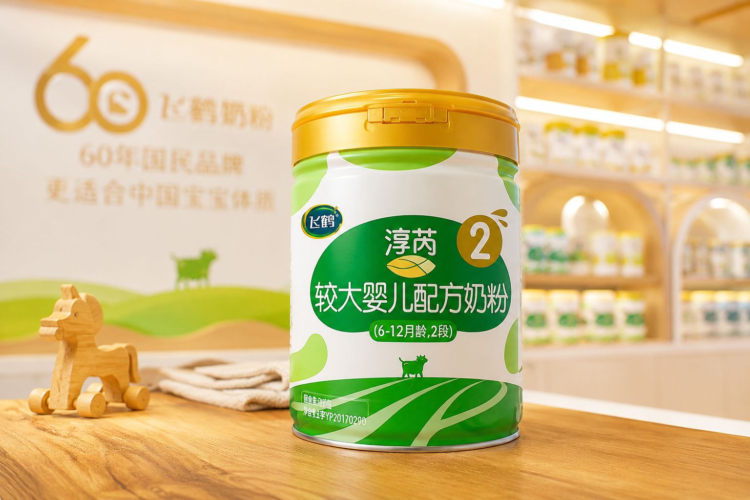 真實攝影風(fēng)格，高端母嬰店背景，一罐飛鶴淳芮有機(jī)奶粉擺在木質(zhì)展示桌上，背景柔和散景，燈光溫馨明亮，體現(xiàn)60年國民品牌歷史感與信賴感，高分辨率，電商主圖級別。