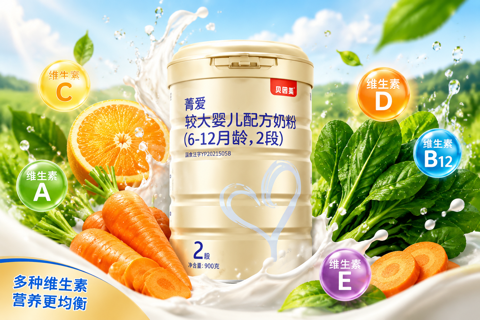 充滿活力的維生素主題圖，貝因美菁愛奶粉周圍環(huán)繞著新鮮的水果和蔬菜（如橙子、胡蘿卜、菠菜），色彩鮮艷，水滴飛濺，展現(xiàn)豐富的維生素營養(yǎng)，清新健康。