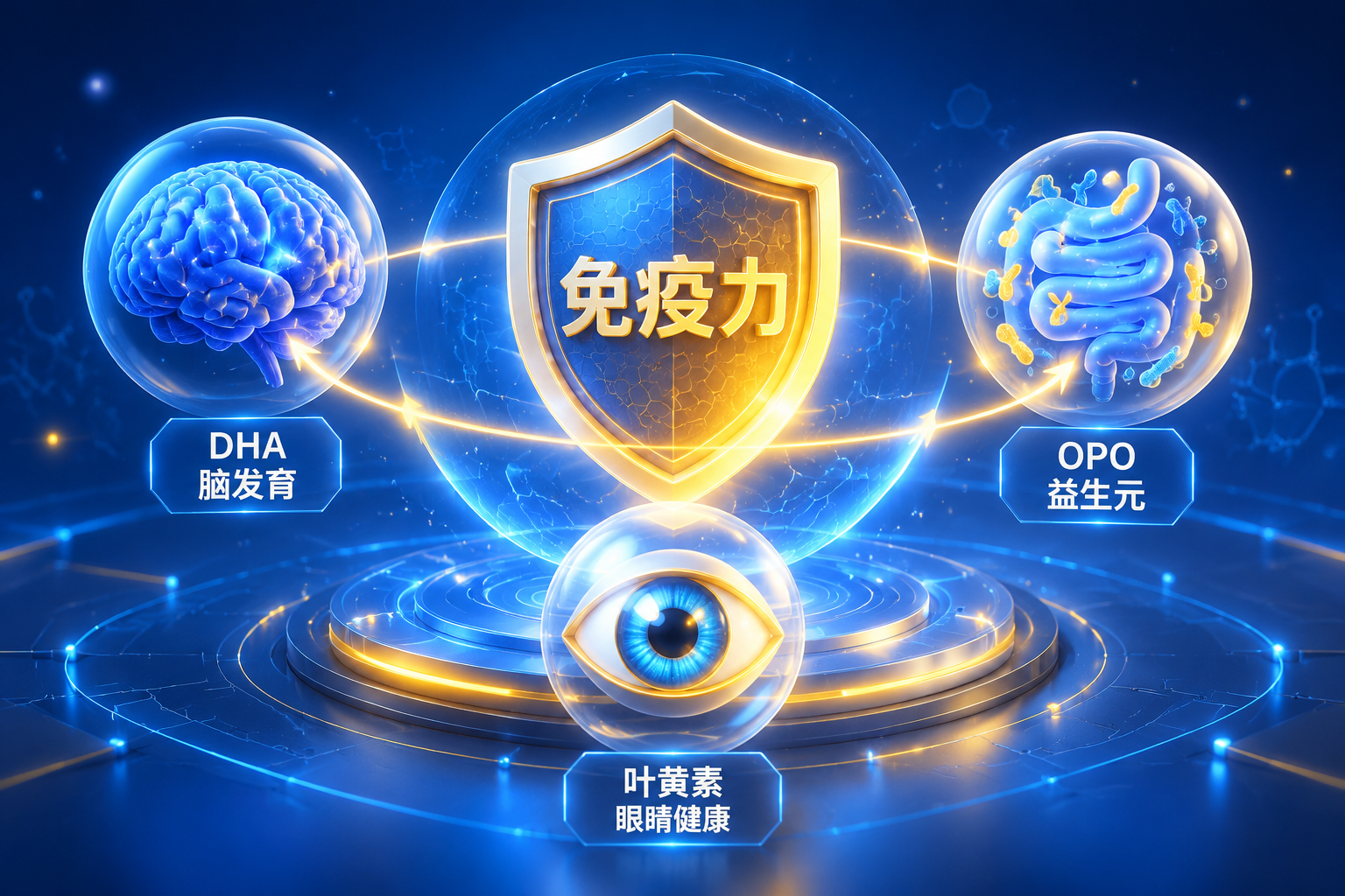 3D醫(yī)療科技風(fēng)格插畫，畫面中心是一個發(fā)光的盾牌（代表免疫力），周圍環(huán)繞著大腦模型（代表DHA和腦發(fā)育）、腸道益生菌氣泡（代表OPO和益生元）以及眼睛圖標(biāo)（代表葉黃素），色彩為科技藍(lán)與溫暖的金黃色交織。