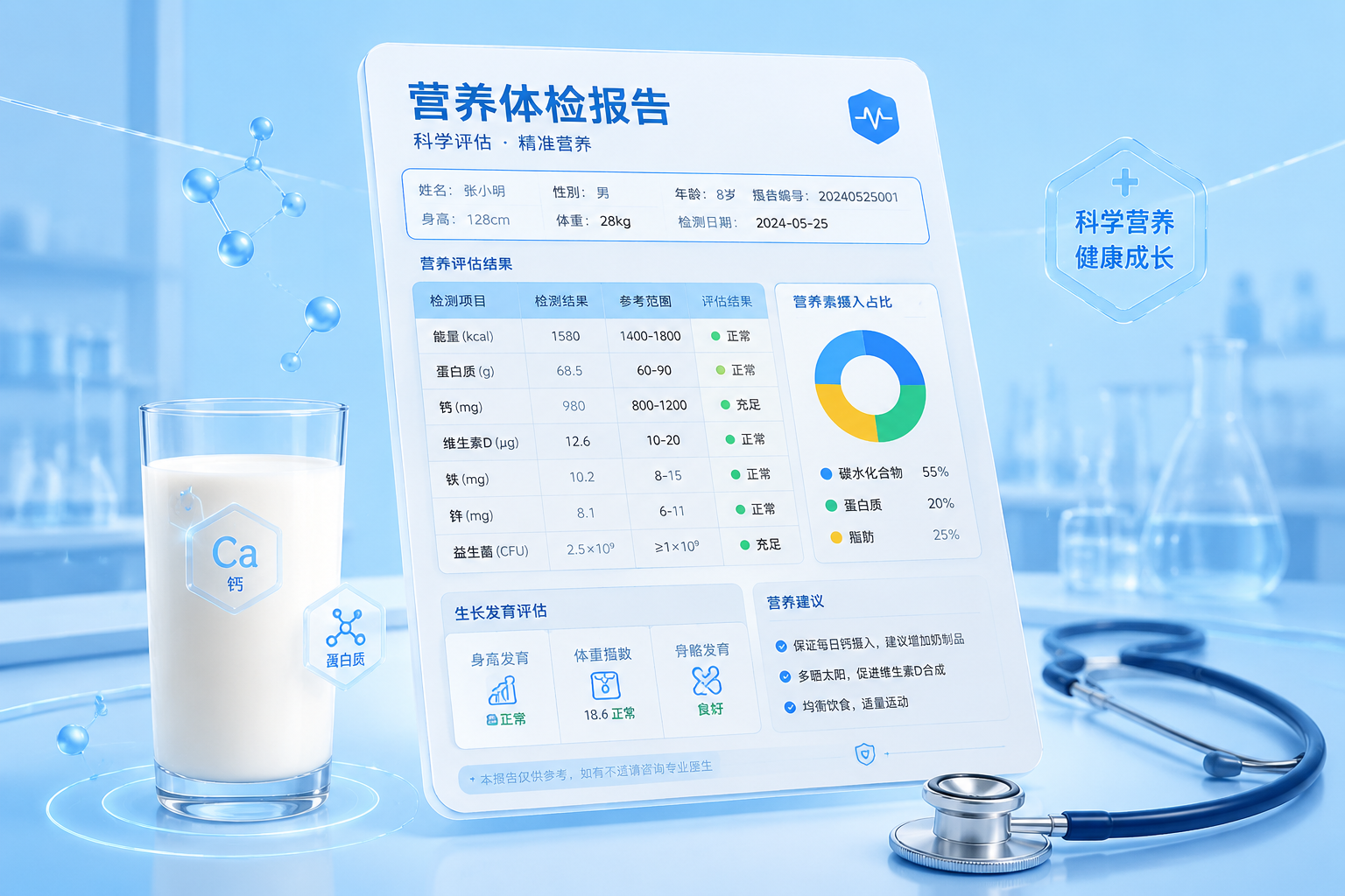 一份精致的體檢報(bào)告單或營(yíng)養(yǎng)數(shù)據(jù)表格懸浮在空中，旁邊有一杯純凈的牛奶和一個(gè)聽(tīng)診器，背景是干凈的實(shí)驗(yàn)室藍(lán)色調(diào)，象征著嚴(yán)謹(jǐn)?shù)臓I(yíng)養(yǎng)數(shù)據(jù)分析，扁平化加微立體風(fēng)格。
