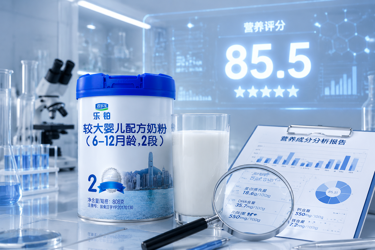 科學(xué)實驗室風(fēng)格，一杯純凈的牛奶旁邊放著放大鏡和數(shù)據(jù)圖表，背景帶有代表營養(yǎng)評分“85.5”的發(fā)光數(shù)字，整體色調(diào)為科技藍(lán)與純白色，展現(xiàn)客觀嚴(yán)謹(jǐn)?shù)臏y評氛圍。