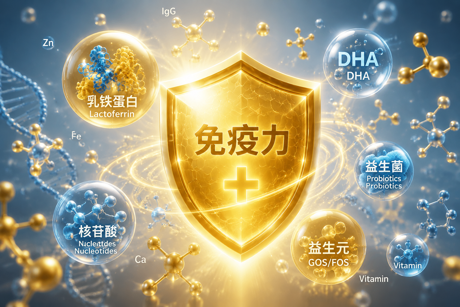 3D科學(xué)渲染圖，畫(huà)面中心是一個(gè)發(fā)光的金色盾牌（代表免疫力），周圍環(huán)繞著分子結(jié)構(gòu)、乳鐵蛋白、DHA、核苷酸等營(yíng)養(yǎng)元素的微觀粒子，充滿科技感與健康感。
