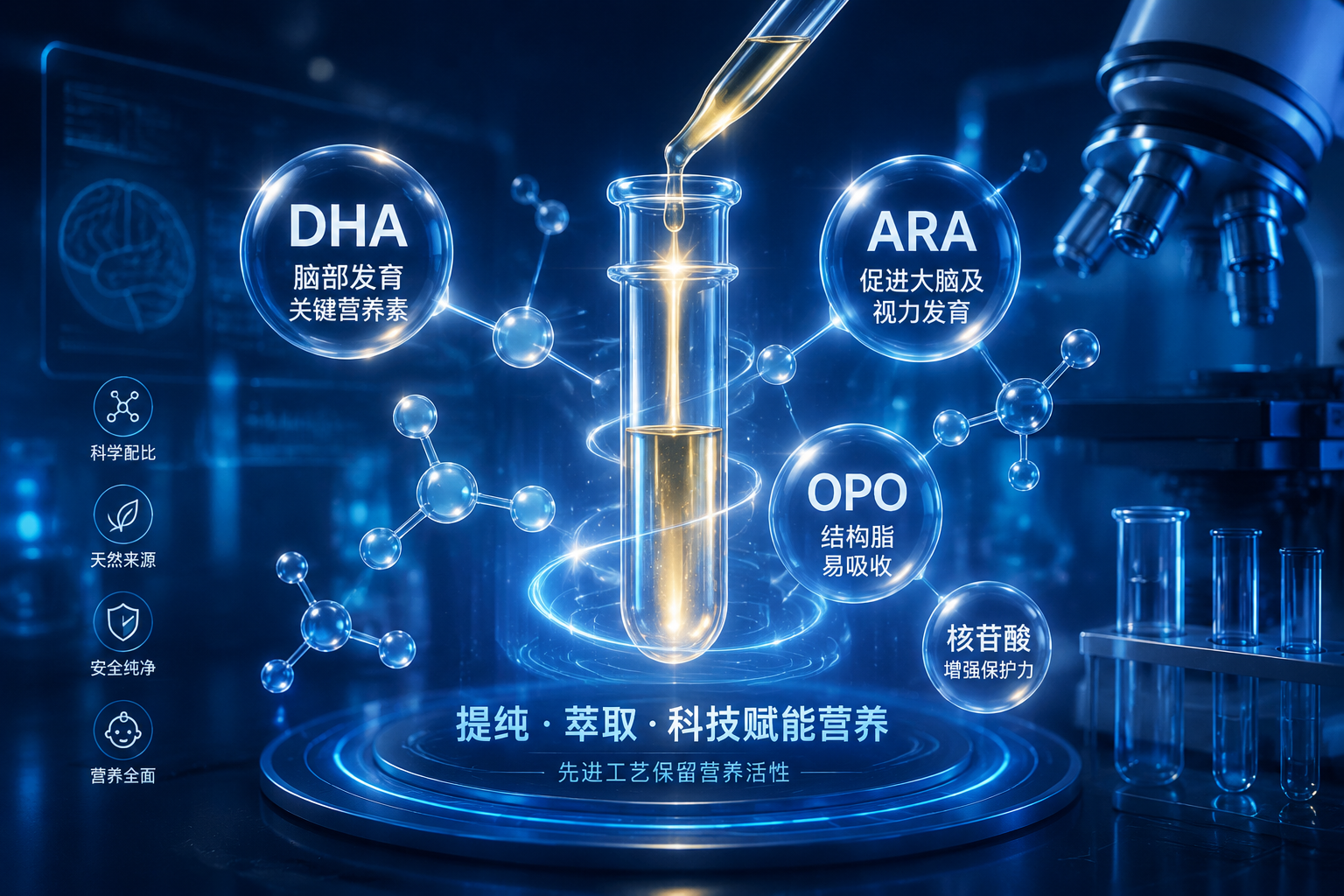 充滿未來科技感的實驗室試管和發(fā)光的分子結(jié)構(gòu)，重點突出DHA、ARA、OPO等特色配方的提純與萃取概念，背景是深藍色，高端專業(yè)。
