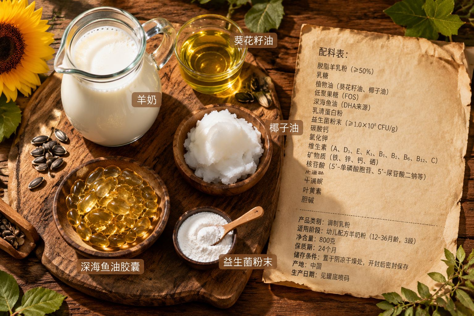 俯視視角的木質(zhì)案板，上面擺放著新鮮的羊奶、葵花籽油、椰子油、深海魚油膠囊和益生菌粉末，旁邊是一張寫滿配料表的羊皮紙，畫面充滿天然食材的真實感與純粹感，光影豐富，色彩誘人。