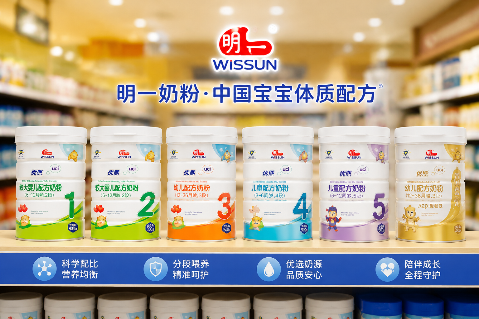 一排不同段數(shù)的明一品牌奶粉罐整齊排列在超市展示架上，光線明亮，虛化的背景突出了產(chǎn)品矩陣，展示了該品牌豐富的產(chǎn)品線和全年齡段的呵護(hù)。