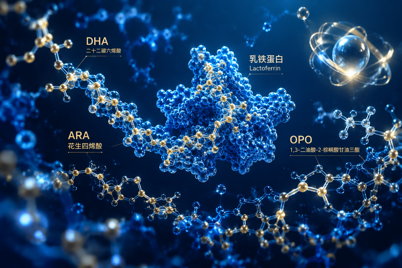 微觀視角的3D分子結(jié)構(gòu)圖，藍(lán)金色調(diào)，呈現(xiàn)出復(fù)雜的DHA、ARA、OPO和乳鐵蛋白的分子鏈條，懸浮在深藍(lán)色的背景中，充滿前沿科學(xué)研究和高端營養(yǎng)強(qiáng)化配方的感覺。