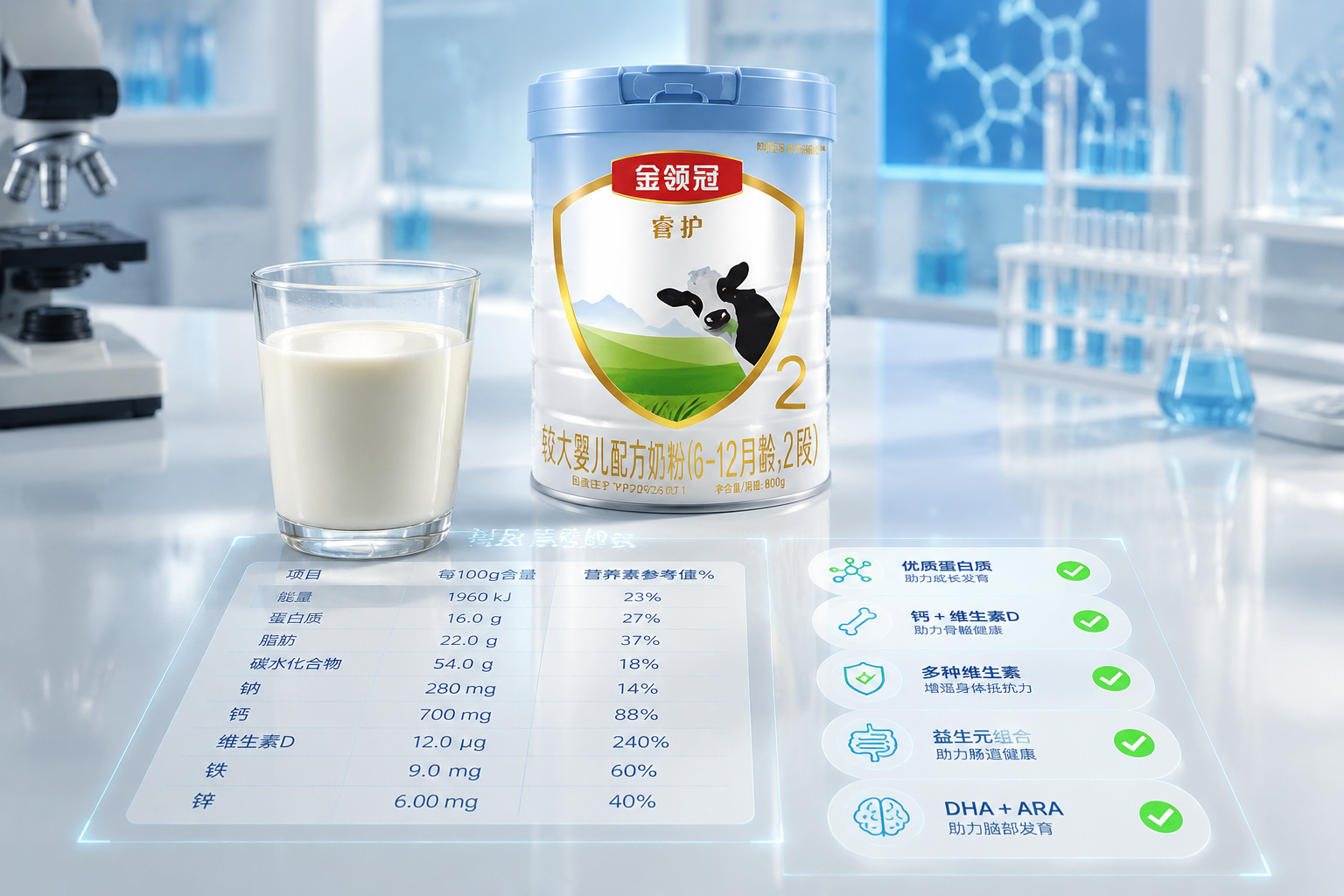 一張現(xiàn)代實驗室風(fēng)格的桌面，上面放著一杯沖泡好的溫潤牛奶，旁邊鋪陳著清晰的營養(yǎng)成分?jǐn)?shù)據(jù)表投影，帶有各種健康指標(biāo)的綠色對勾圖標(biāo)，畫面干凈透亮，充滿科學(xué)嚴(yán)謹(jǐn)與健康的氛圍。
