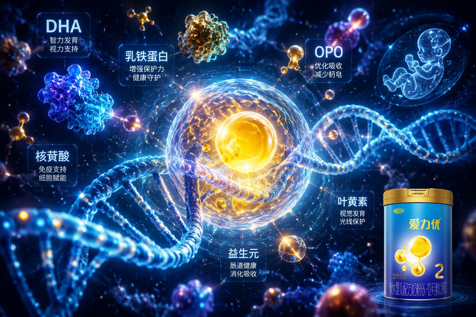 顯微鏡下的視界，DNA雙螺旋結構和發(fā)光的蛋白質分子在太空中游動，代表DHA、乳鐵蛋白、OPO等高級強化配方對寶寶底層基因和體質的塑造，科幻風格，極具視覺沖擊力。