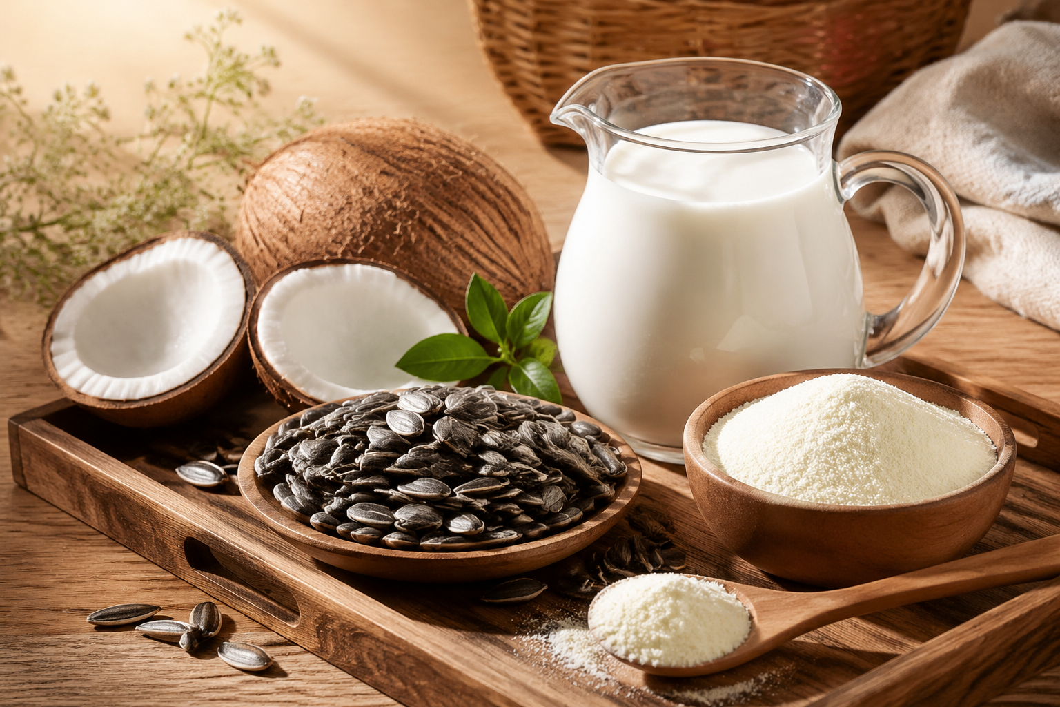 一個(gè)木質(zhì)托盤上擺放著新鮮的生牛乳、葵花籽、椰子等天然配料，旁邊有一把木勺舀著細(xì)膩的奶粉，光線從側(cè)面打入，展現(xiàn)食材的天然與純粹，美食攝影風(fēng)格，暖色調(diào)。