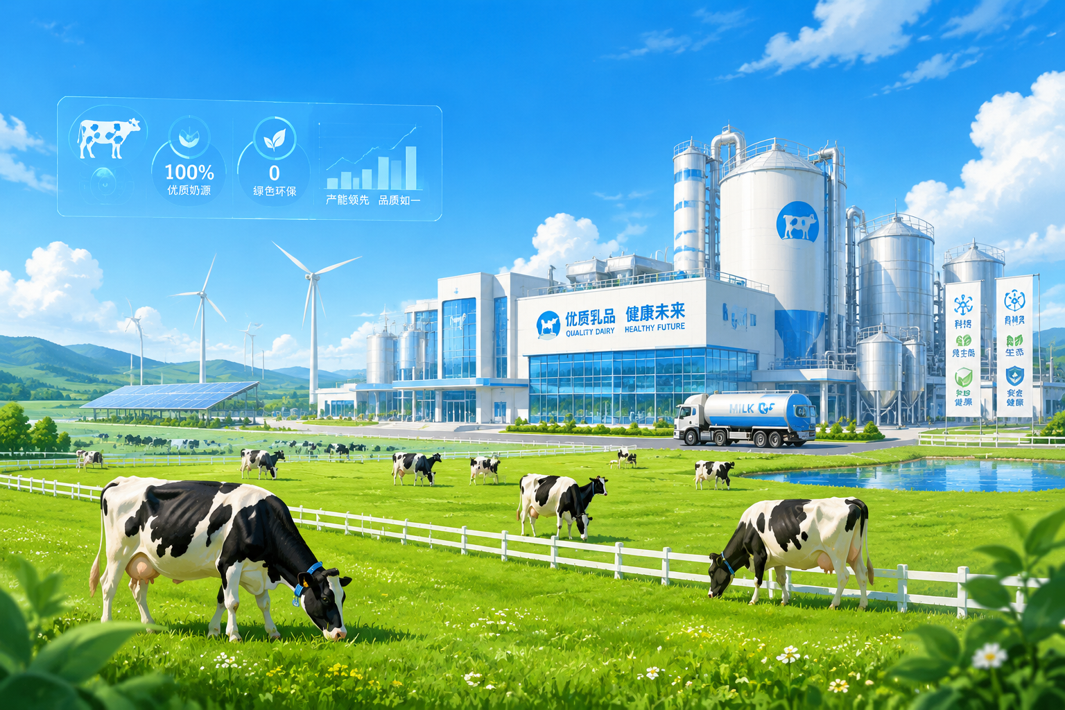 現(xiàn)代化的乳制品生產(chǎn)工廠外觀與綠意盎然的大型牧場相融合的插畫，展現(xiàn)出企業(yè)實(shí)力與規(guī)模，畫面色彩明亮，帶有科技感與自然環(huán)保的氛圍。