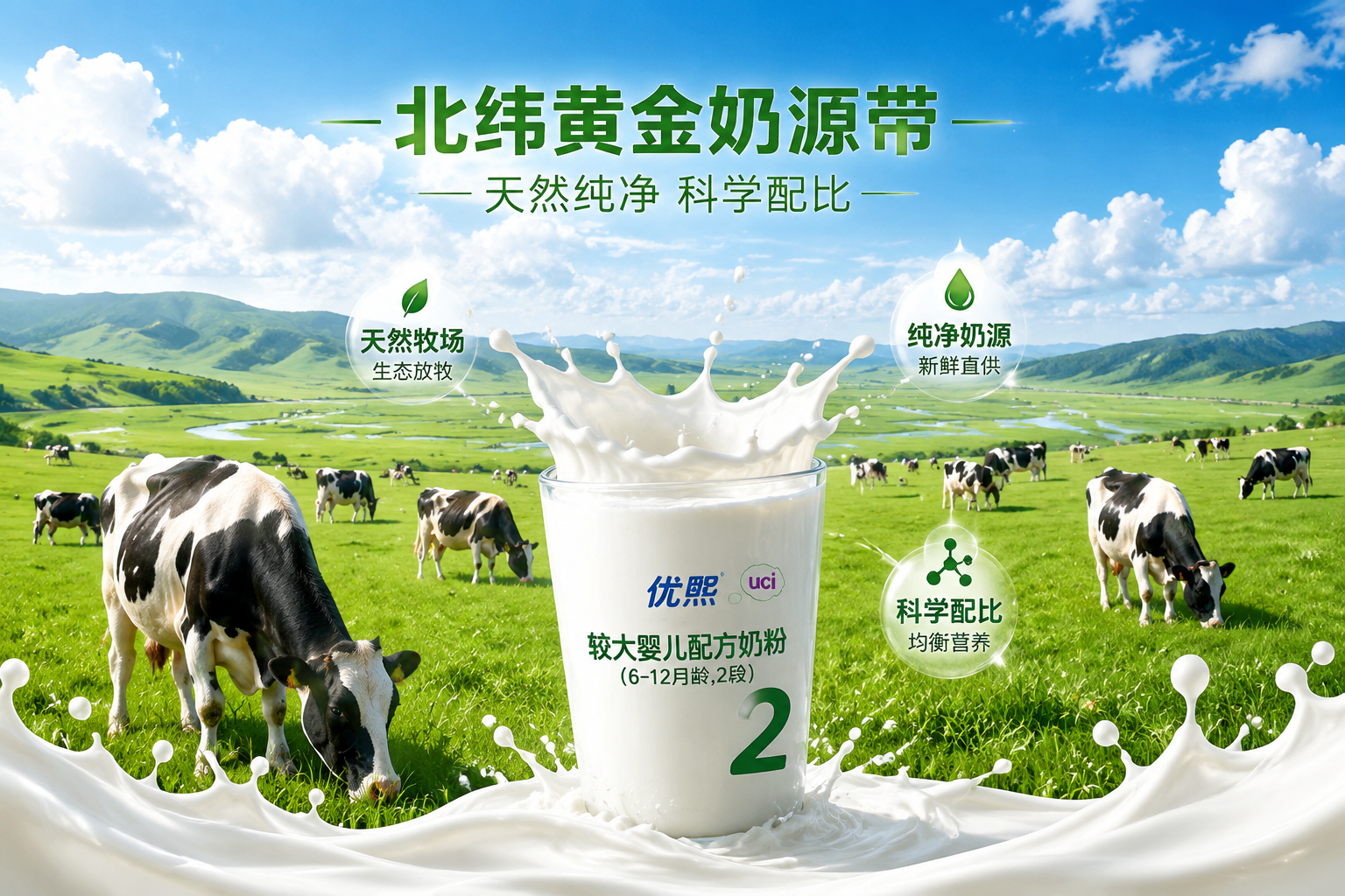 廣闊的北緯黃金奶源帶大草原，藍(lán)天白云下成群的黑白花奶牛在悠閑吃草，畫(huà)面中央融合了一杯純凈的牛奶飛濺效果，象征天然、高品質(zhì)的新鮮奶源與科學(xué)配比，清晰明亮，富有生機(jī)。