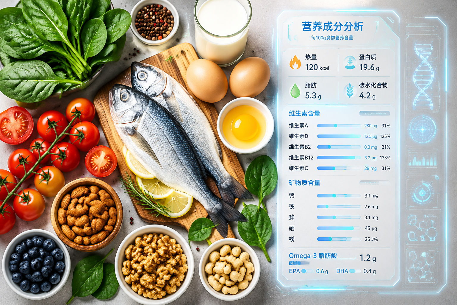 豐富的健康食材平鋪俯拍，包括新鮮的菠菜、西紅柿、深海魚、雞蛋、堅果和一杯牛奶，旁邊有一張寫滿營養(yǎng)數(shù)據(jù)的半透明科技感面板，色彩鮮艷，光線明亮。