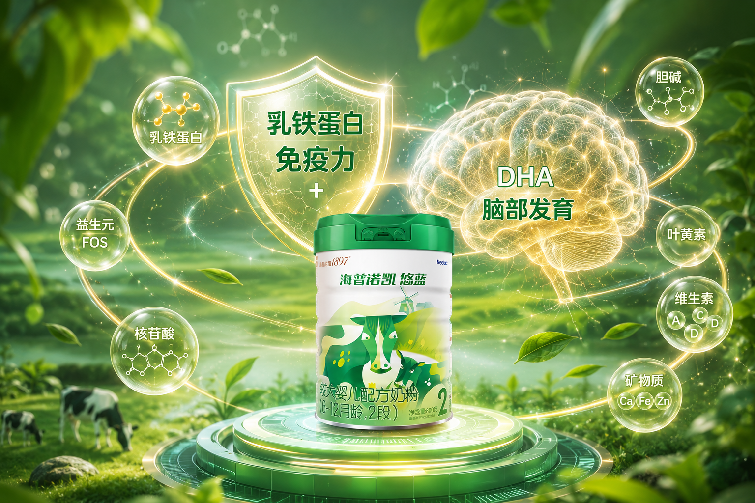 充滿科技感與自然結(jié)合的畫面，中間是一個(gè)發(fā)光的盾牌（代表乳鐵蛋白和免疫力）和一個(gè)大腦發(fā)光模型（代表DHA和腦部發(fā)育），周圍環(huán)繞著各種營養(yǎng)分子的發(fā)光圖標(biāo)，背景是柔和的綠色有機(jī)元素，展現(xiàn)奶粉的高端配方，3D渲染，精美細(xì)節(jié)。
