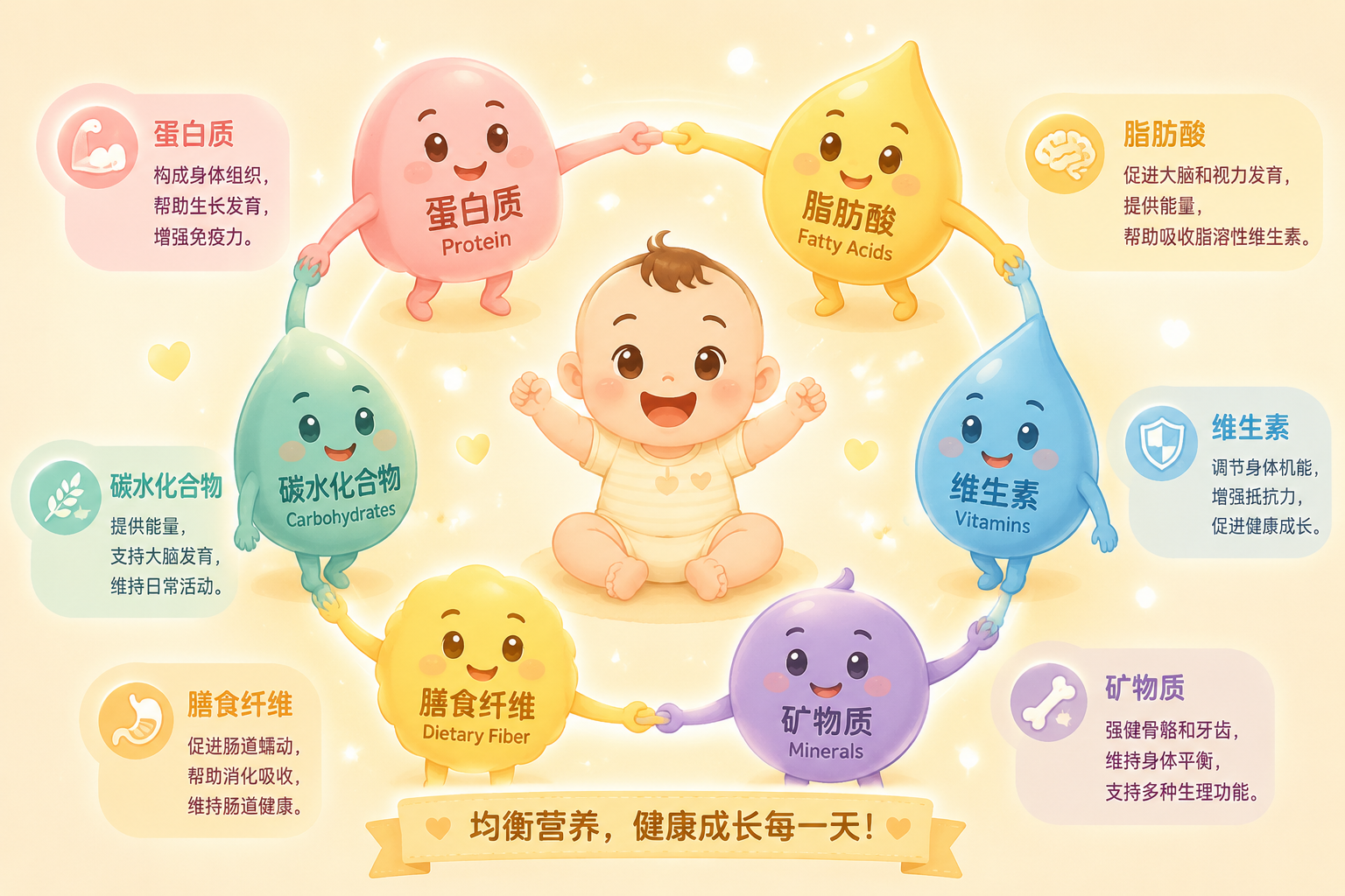 信息圖表風(fēng)格的插畫(huà)，展示各種基礎(chǔ)營(yíng)養(yǎng)物質(zhì)，如蛋白質(zhì)、碳水化合物、脂肪酸的卡通擬人化形象，手拉手圍繞著一個(gè)健康快樂(lè)的嬰兒，背景色調(diào)溫馨柔和。