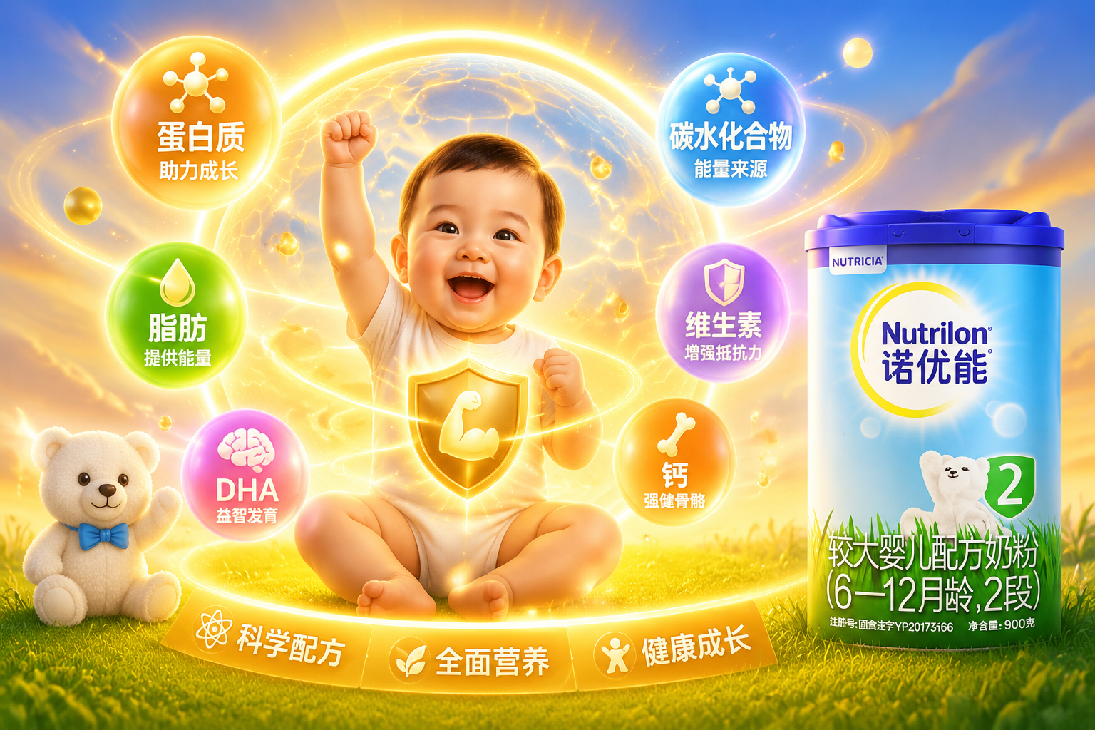 嬰兒健康成長(zhǎng)的概念圖，包含蛋白質(zhì)、脂肪等基礎(chǔ)能量元素的具象化表達(dá)，如盾牌、肌肉線(xiàn)條、能量光環(huán)，色彩豐富且溫暖。