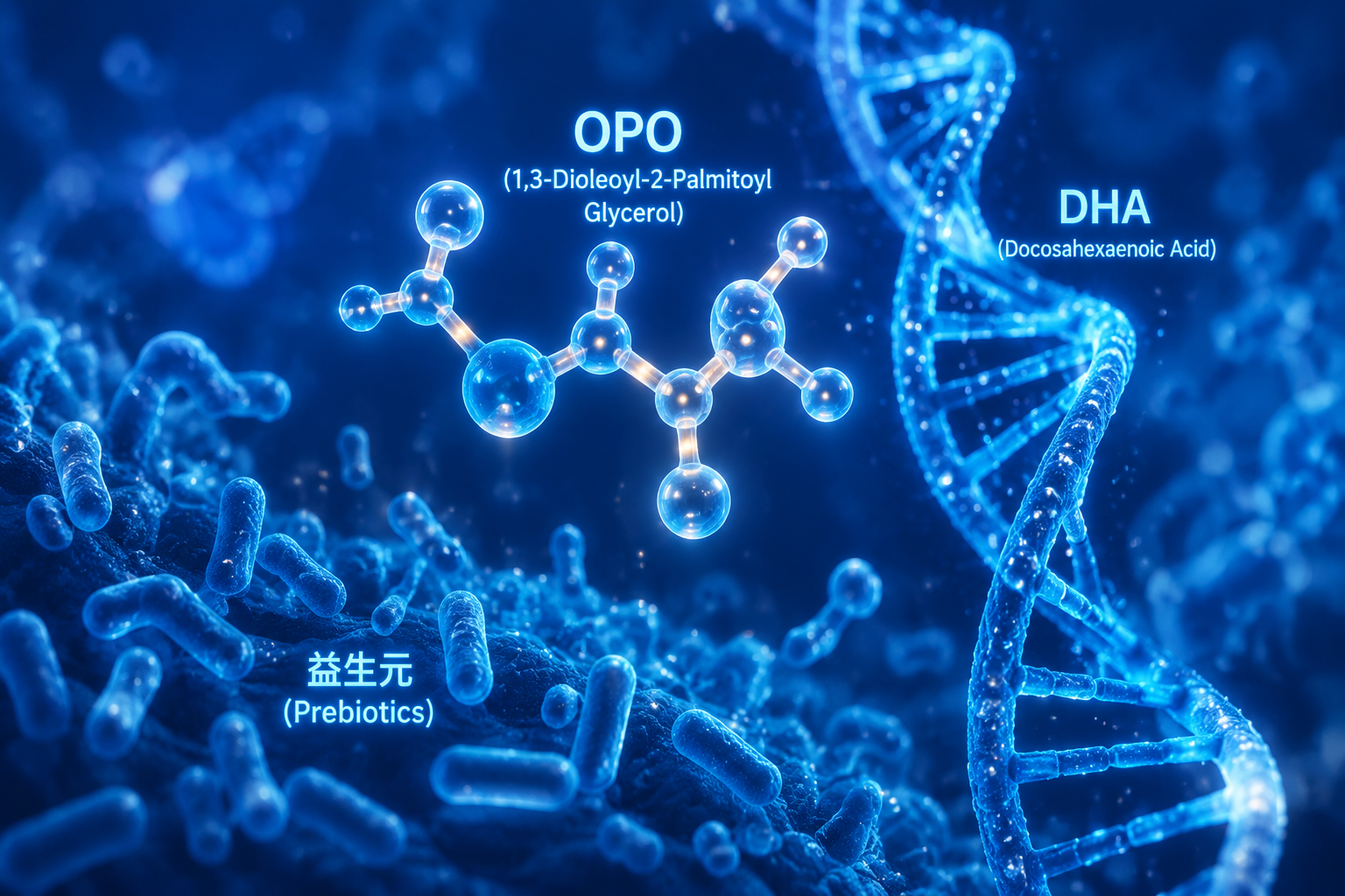 抽象的微觀科學(xué)風(fēng)格圖片，畫面中懸浮著發(fā)光的OPO分子結(jié)構(gòu)、DNA雙螺旋（代表DHA）和有益菌群（代表益生元），背景是深邃的藍(lán)色，充滿科技感和生命力，3D渲染，高清晰度。