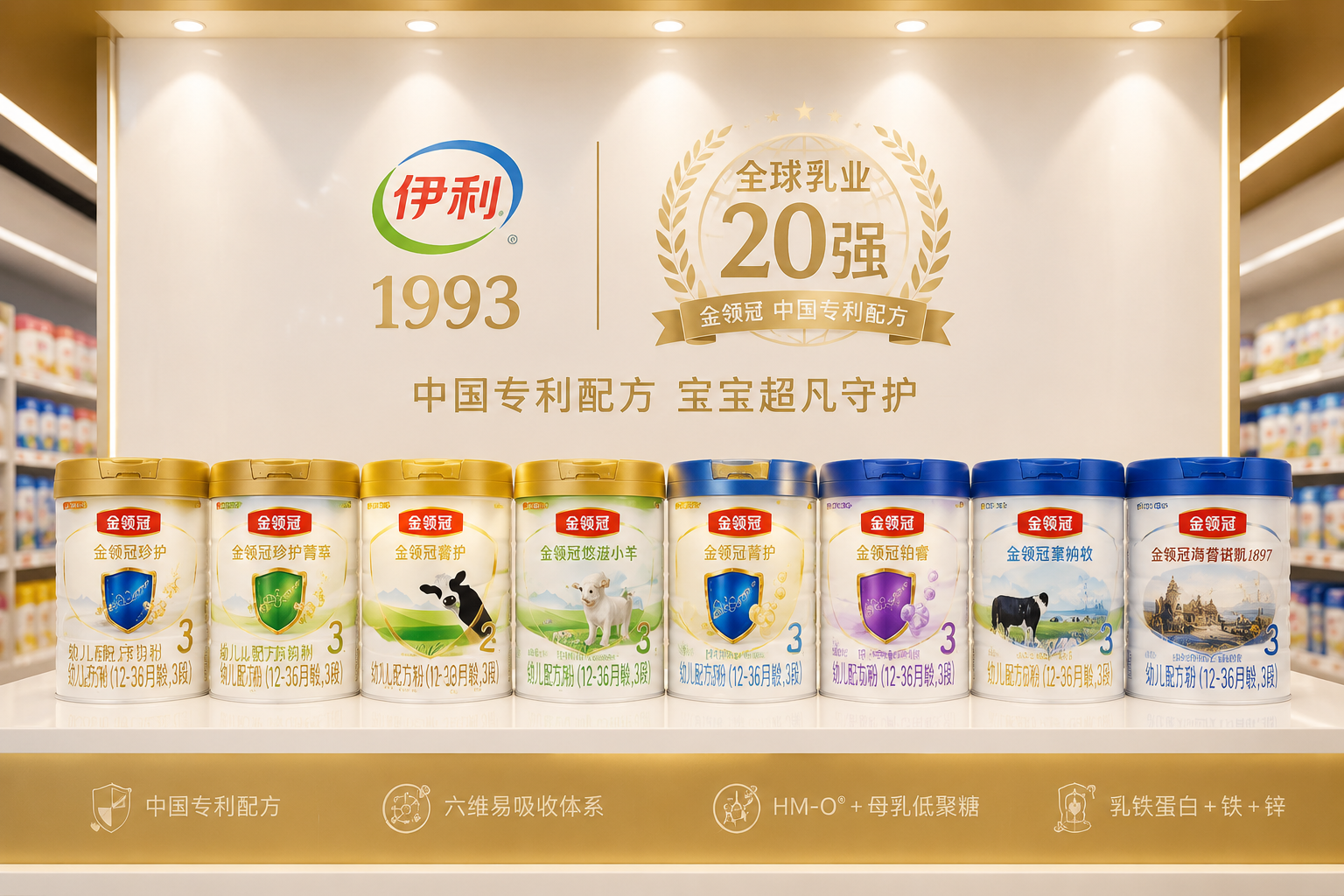 伊利金領(lǐng)冠全系列奶粉家族的陳列展示圖，一字排開的奶粉罐在明亮的商超貨架上，帶有射燈的高級照明，背景帶有“伊利1993”及全球乳業(yè)20強的榮譽徽章虛影。