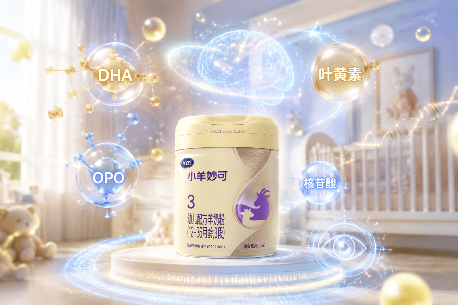 充滿科技感的營養(yǎng)分子結(jié)構(gòu)圖，發(fā)光的DHA、OPO、葉黃素等分子漂浮在空中，背景是柔和的嬰兒房，象征著科學(xué)配方助力寶寶大腦和視力發(fā)育，3D渲染，夢幻且專業(yè)。