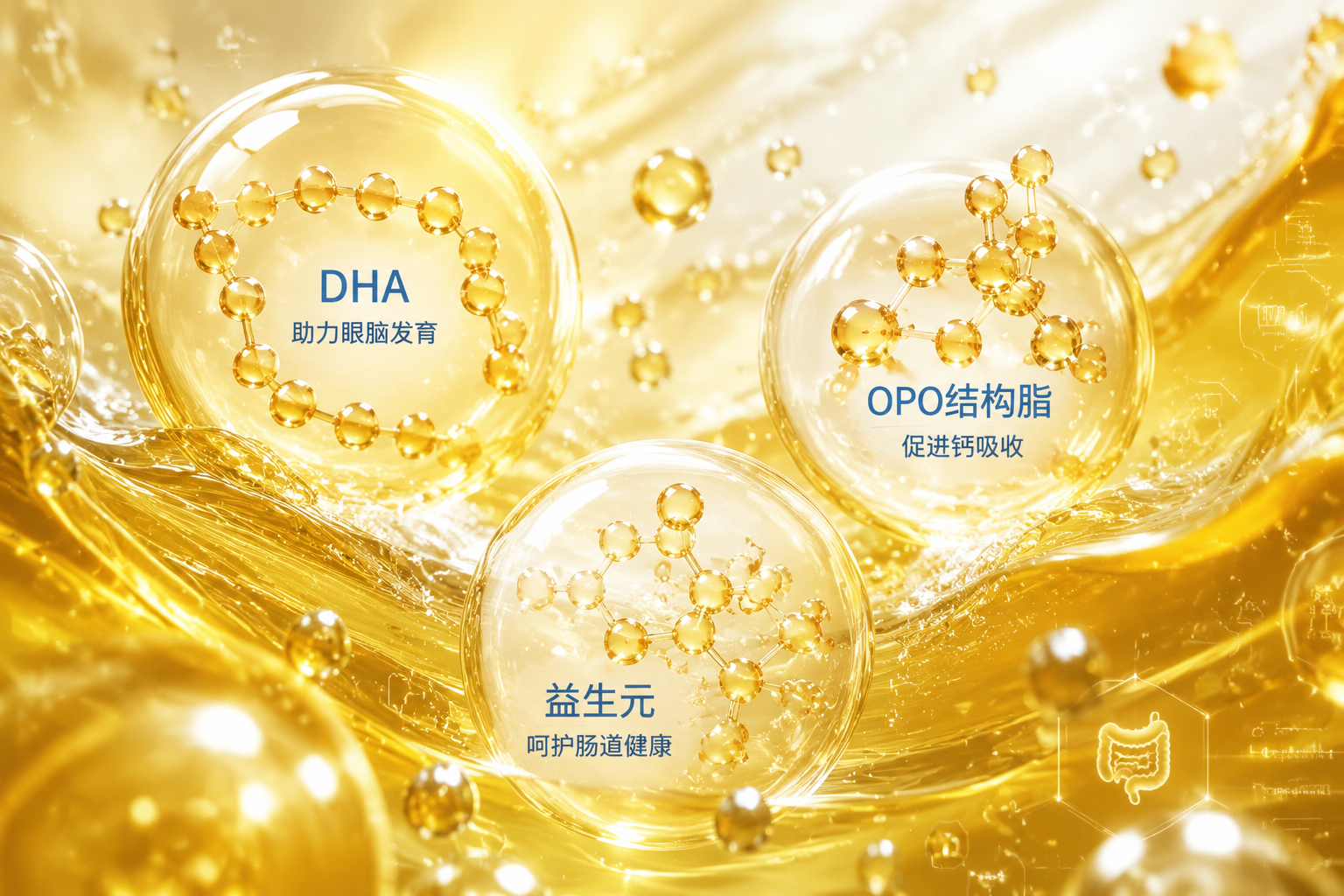 3D微觀視覺，展現(xiàn)DHA、OPO結(jié)構(gòu)脂和益生元的分子結(jié)構(gòu)，它們正融入金色的液體中，畫面充滿生命力與科技感，代表強大的產(chǎn)品配方特點。