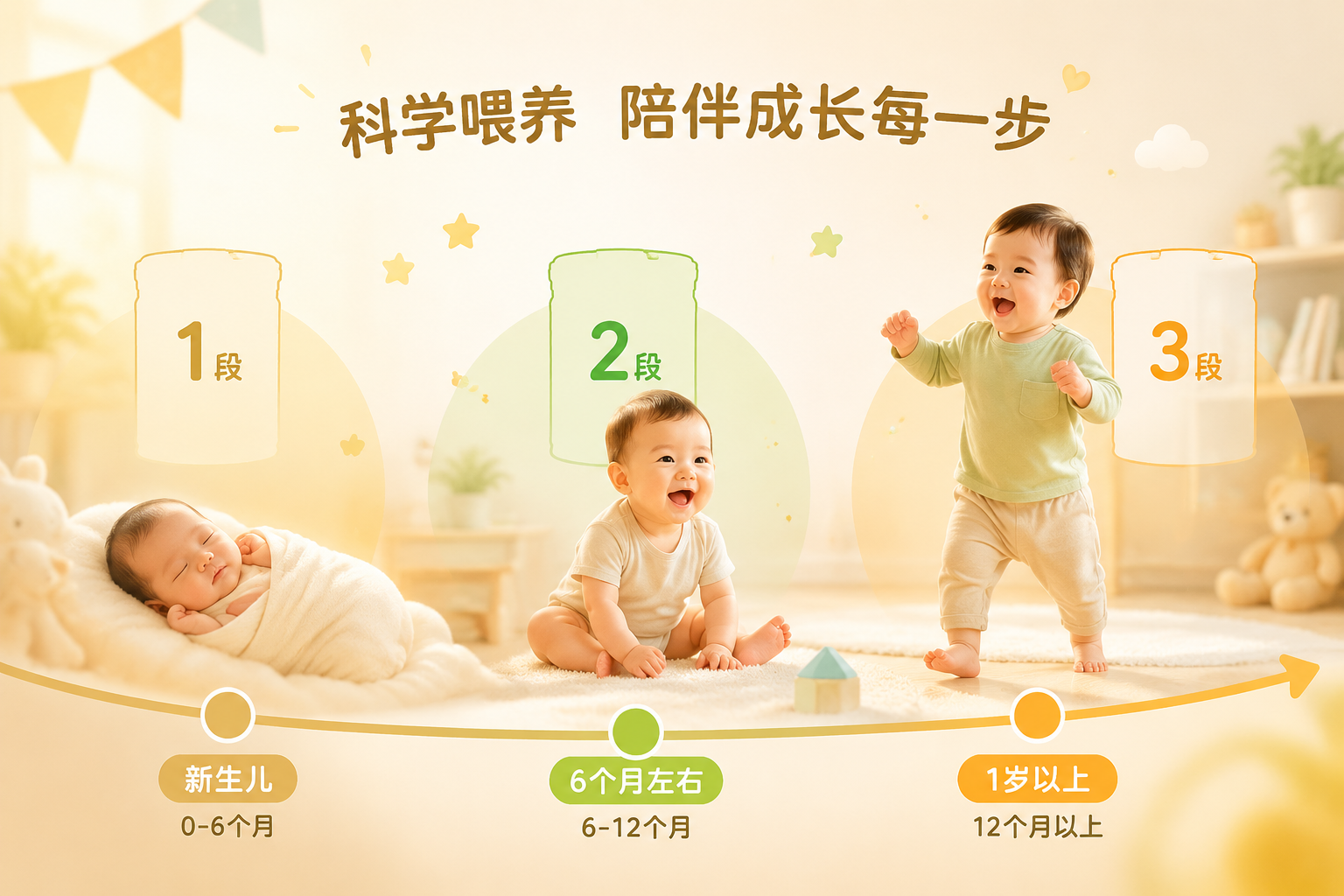 一條時間軸畫面，從左到右展示一個寶寶從新生兒、到6個月坐立、再到1歲多蹣跚學步的成長過程，旁邊分別標有“1段”、“2段”、“3段”的奶粉罐剪影，色調(diào)溫馨，充滿成長喜悅。
