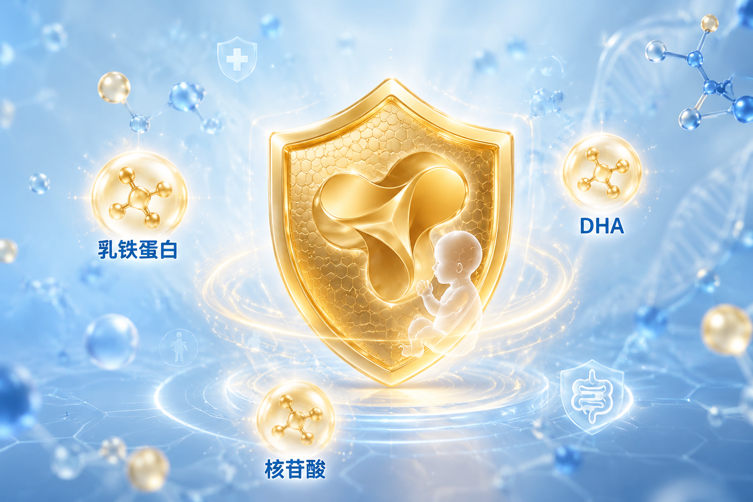 充滿科技感的營(yíng)養(yǎng)分子結(jié)構(gòu)圖，背景為淺藍(lán)色，漂浮著代表乳鐵蛋白、DHA、核苷酸的閃亮微粒，中間有一個(gè)象征寶寶健康免疫力的金色盾牌，3D渲染，精美細(xì)膩。