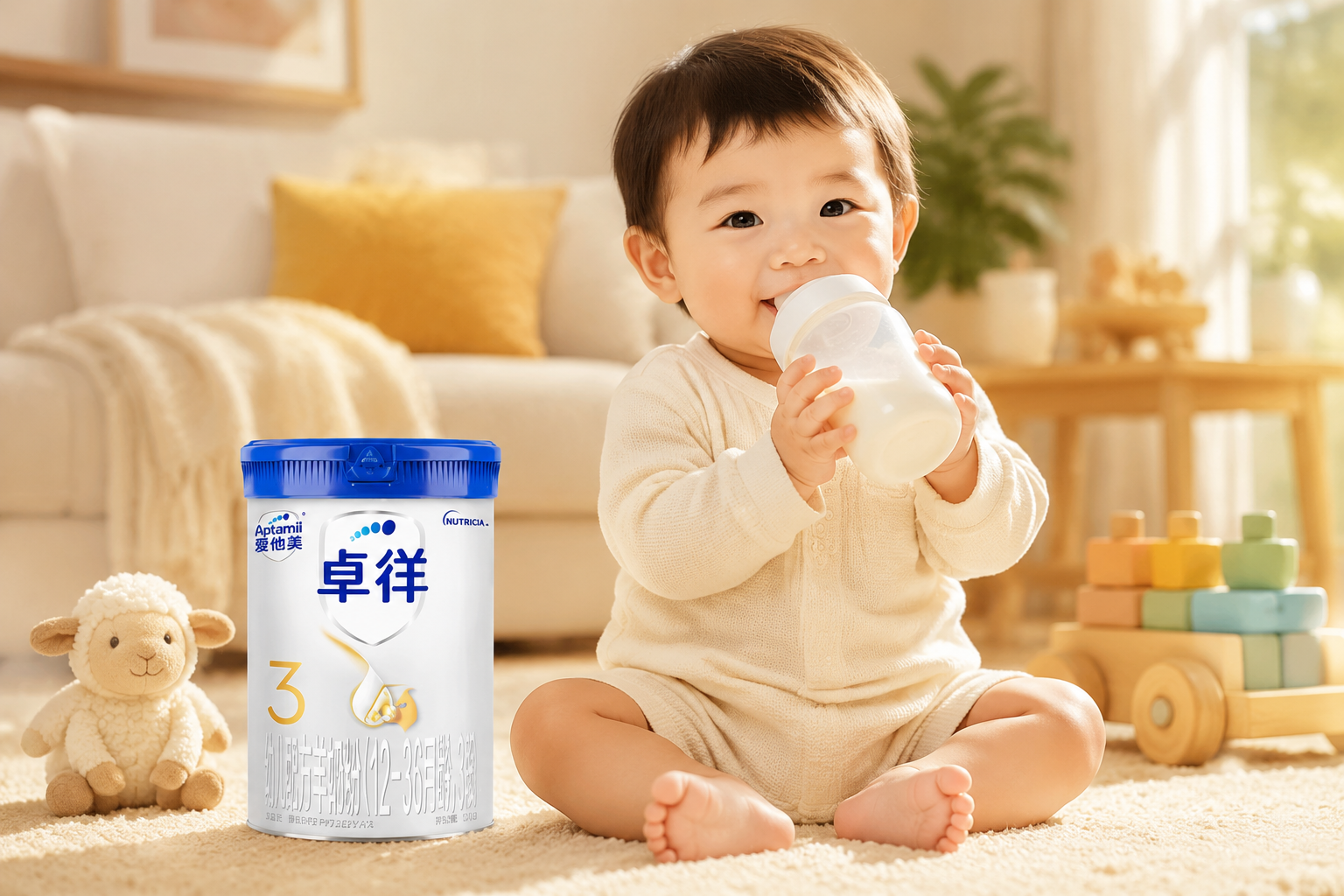 一個(gè)健康活潑的中國(guó)寶寶坐在陽(yáng)光明媚的客廳地毯上，手里抱著奶瓶開心地喝奶，旁邊放著一罐愛他美卓徉羊奶粉，畫面溫馨、治愈，高畫質(zhì)，商業(yè)廣告風(fēng)格。