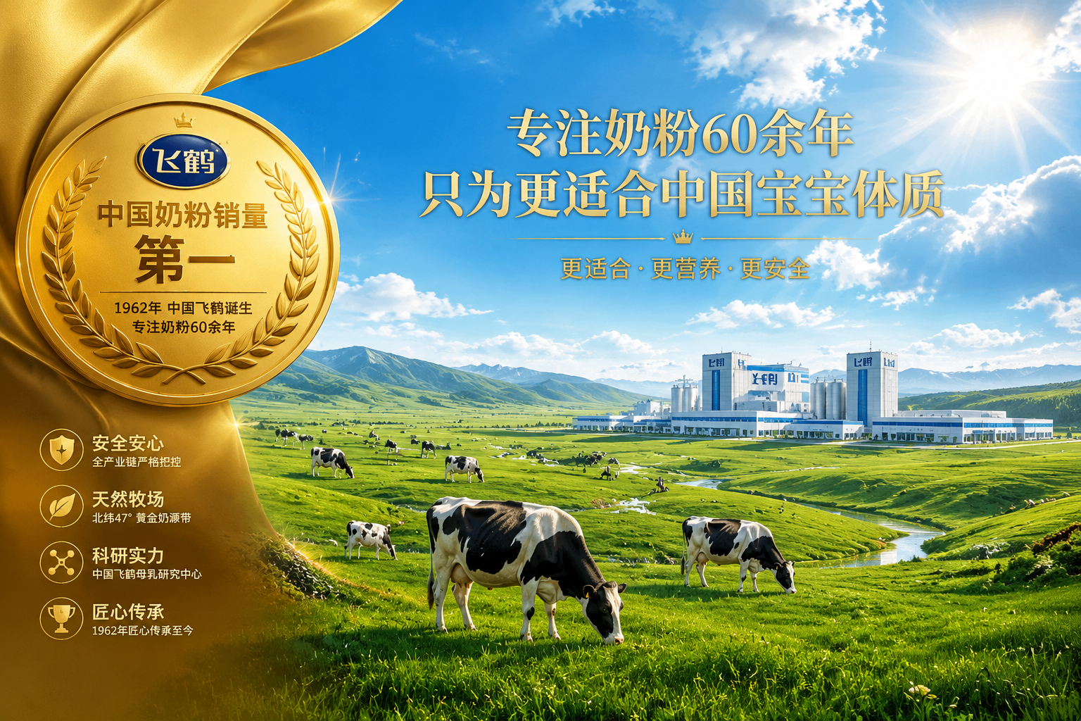 一張展現(xiàn)品牌歷史和實(shí)力的宏大背景圖，畫(huà)面中包含一望無(wú)際的綠色內(nèi)蒙古/東北黃金牧場(chǎng)，遠(yuǎn)處的現(xiàn)代化乳品加工廠，藍(lán)天白云，陽(yáng)光透過(guò)云層灑在草地上，畫(huà)面左側(cè)有金色的獎(jiǎng)牌元素，傳遞出信賴、安全和歷史沉淀的專業(yè)感。