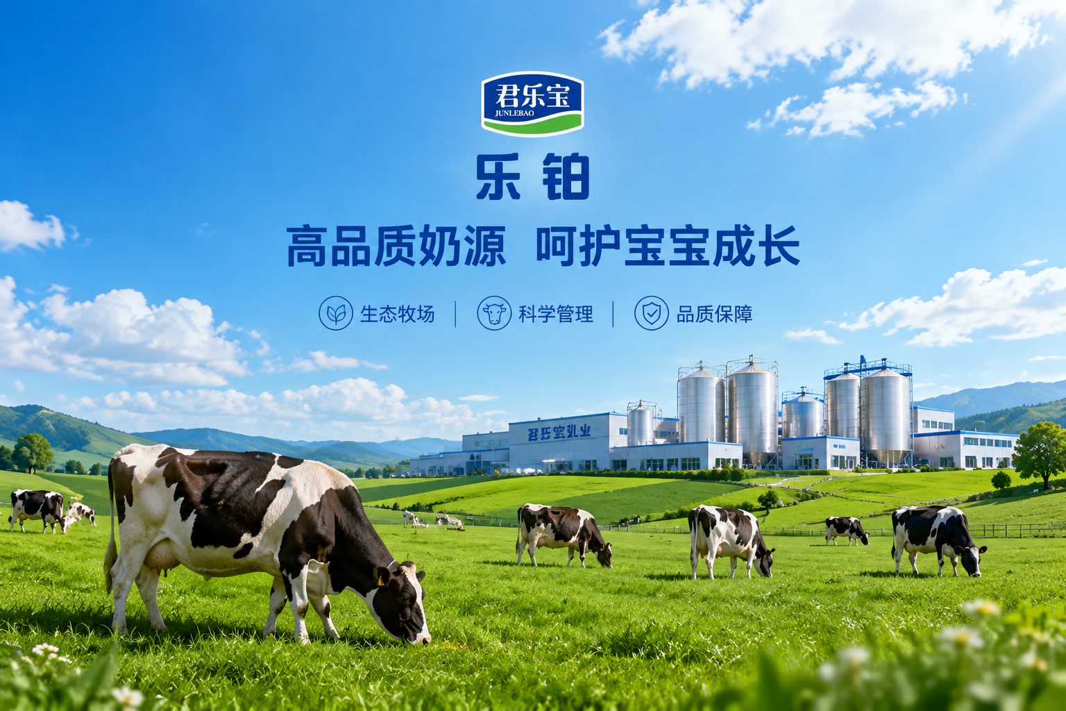 廣闊的現(xiàn)代化生態(tài)牧場，藍(lán)天白云下綠草如茵，健康的黑白花奶牛在悠閑地吃草，遠(yuǎn)處有現(xiàn)代化的乳品加工廠，畫面明亮健康，展現(xiàn)強大的品牌實力與優(yōu)質(zhì)奶源地。