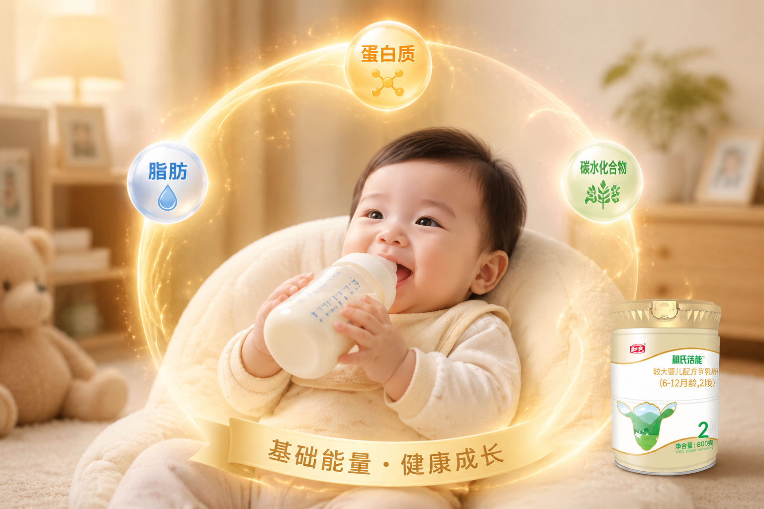 一個可愛的6個月大嬰兒正開心地喝著奶瓶里的奶，周圍有柔和的光環(huán)保護著寶寶，象征著蛋白質(zhì)、脂肪和碳水化合物提供的基礎(chǔ)能量和健康成長，溫馨的家庭室內(nèi)環(huán)境。