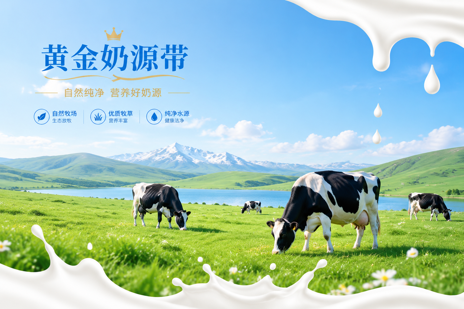清新自然的奶源地插畫，展現(xiàn)黃金奶源帶的廣闊草原，幾只健康的奶牛在吃草，配有新鮮牛奶滴落的元素。