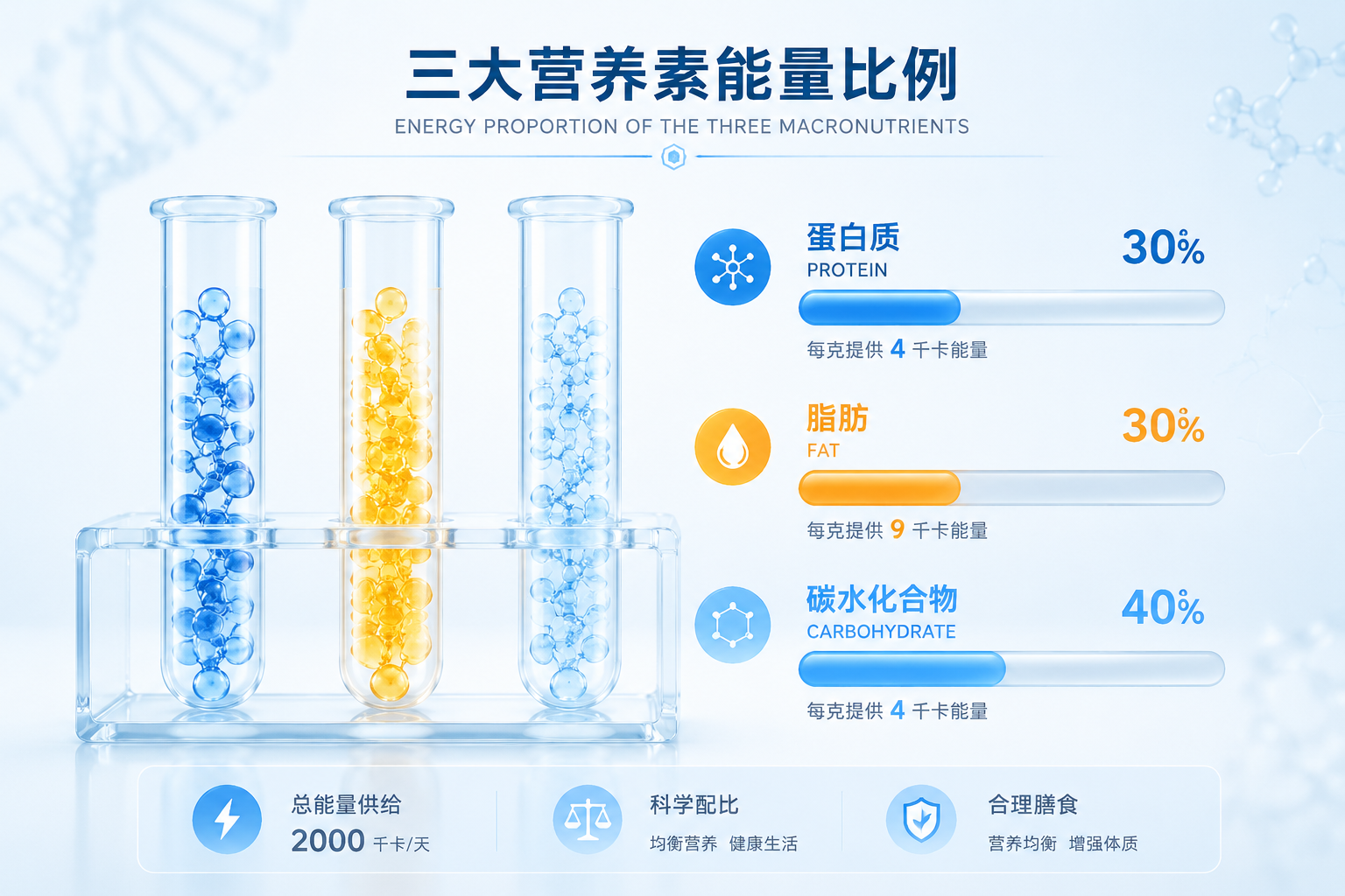 一張精美的科學(xué)圖表可視化圖像，用透明的玻璃質(zhì)感試管和能量條展示蛋白質(zhì)、脂肪和碳水化合物的比例，背景為純凈的白色與淡藍(lán)色，極具醫(yī)學(xué)與營養(yǎng)學(xué)質(zhì)感。