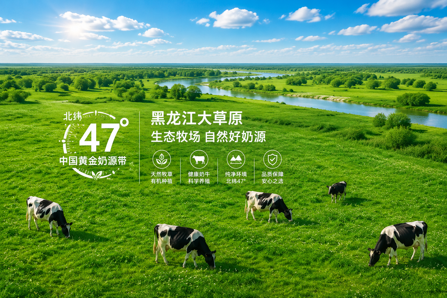 航拍視角，北緯47度中國黃金奶源帶，廣闊綠色的黑龍江大草原，藍(lán)天白云，陽光明媚，幾頭健康的黑白花奶牛在天然牧場吃草，畫面清新自然，極具生命力，強(qiáng)調(diào)有機(jī)生態(tài)環(huán)境與優(yōu)質(zhì)奶源。