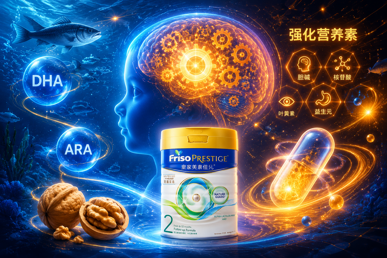 智慧大腦發(fā)光的齒輪，旁邊有深海魚游動，胡桃和高科技膠囊，展現(xiàn)DHA、ARA和強(qiáng)化營養(yǎng)素的魅力，藍(lán)色與橙色的視覺沖擊，夢幻科技風(fēng)格。