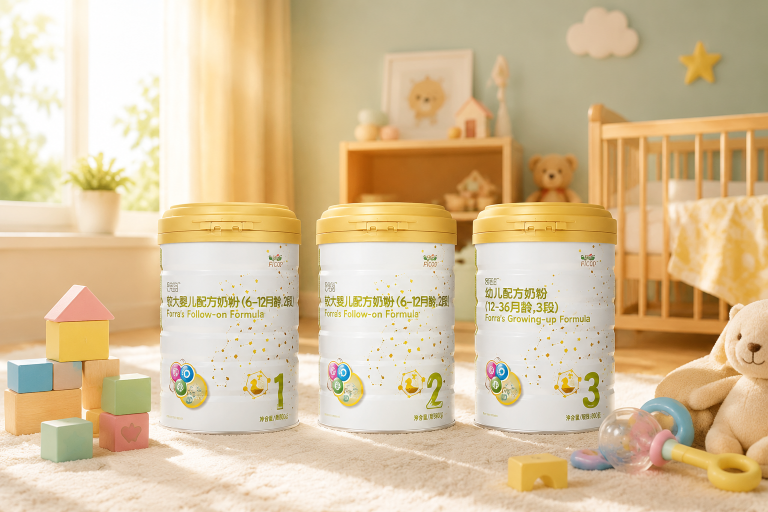 溫馨的嬰兒房場(chǎng)景，展現(xiàn)從1段到3段的奶粉罐排列在一起，旁邊有可愛(ài)的嬰兒玩具（如積木、搖鈴），陽(yáng)光透過(guò)窗戶灑進(jìn)房間，寓意全階段的陪伴與呵護(hù)。