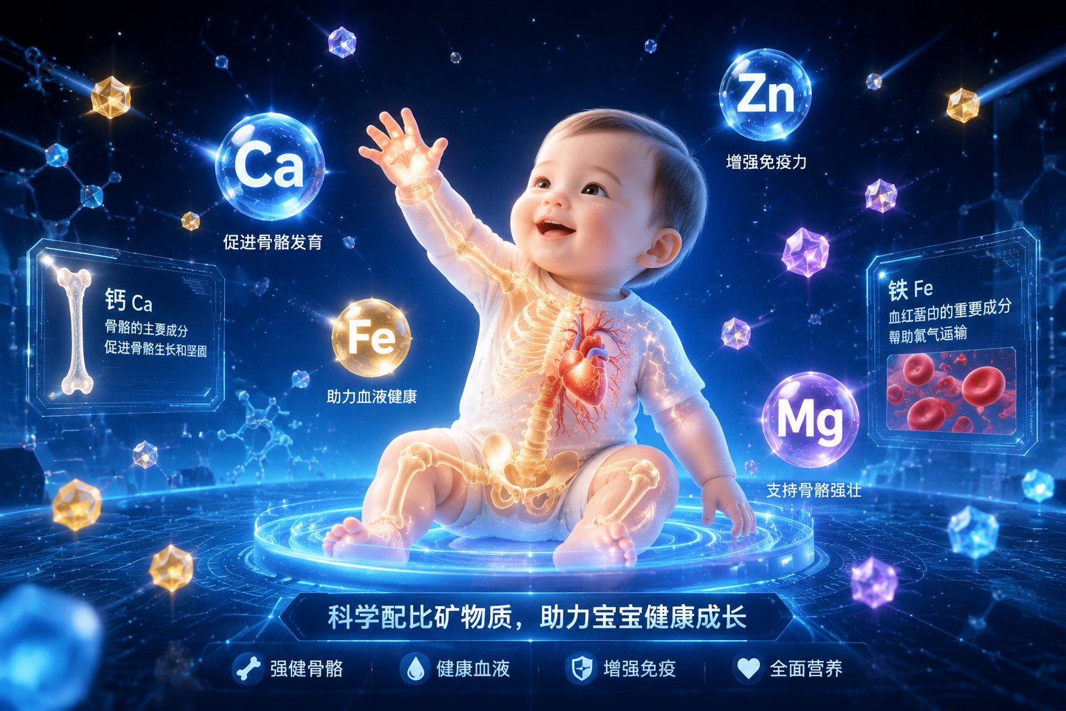 科學實驗風格，漂浮的礦物質(zhì)元素符號（如Ca, Fe, Zn, Mg），伴隨著發(fā)光的微小晶體，背景為深藍色星空或科技感網(wǎng)格，強調(diào)礦物質(zhì)對寶寶骨骼和血液發(fā)育的重要性，3D渲染。