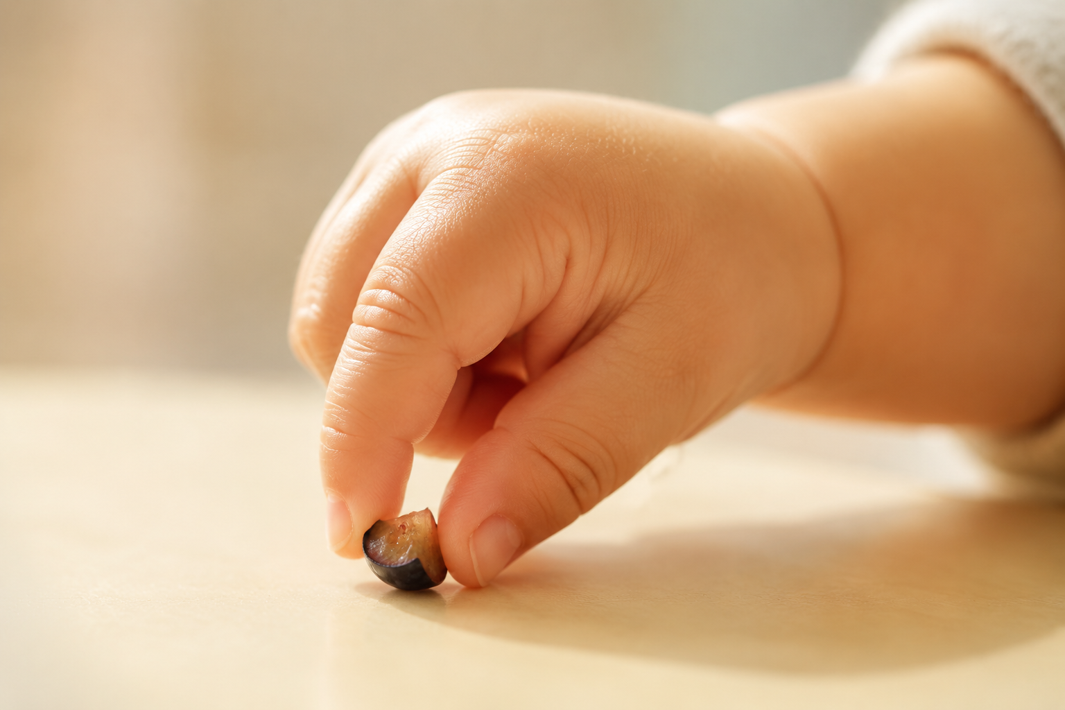 Close-up shot of a tiny 8-month-old Chinese baby's hand trying to pick up a small piece of quartered blueberry using the thumb and index finger (pincer grasp). Clean background, warm sunlight, macro photography, highly detailed skin texture, soft and tender atmosphere, 4k resolution.