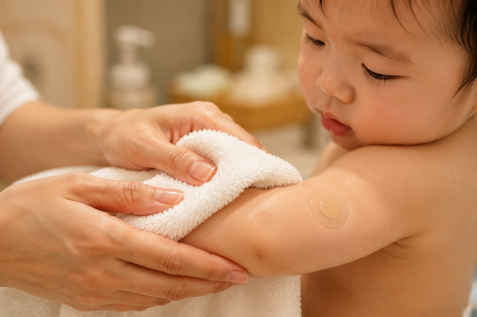 Close-up of a young Chinese mother's hands gently patting dry a cute Chinese baby's chubby arm with a soft, fluffy white towel. The baby has a tiny waterproof circular band-aid on the upper arm. Warm bathroom lighting, tender and loving atmosphere, hyper-realistic, highly detailed skin texture, 8k resolution, photography. --ar 3:4