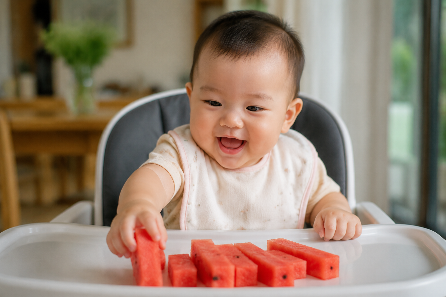 A cute 9-month-old Chinese baby sitting happily in a high chair, wearing a clean bib. On the tray in front of the baby, there are several sticks of fresh red watermelon. The baby is reaching out with one hand to grab a watermelon stick. Bright natural lighting, warm and cozy dining room background, soft focus on the background. Photorealistic, 8k resolution, shot on 35mm lens, highly detailed, joyful atmosphere. --ar 3:4