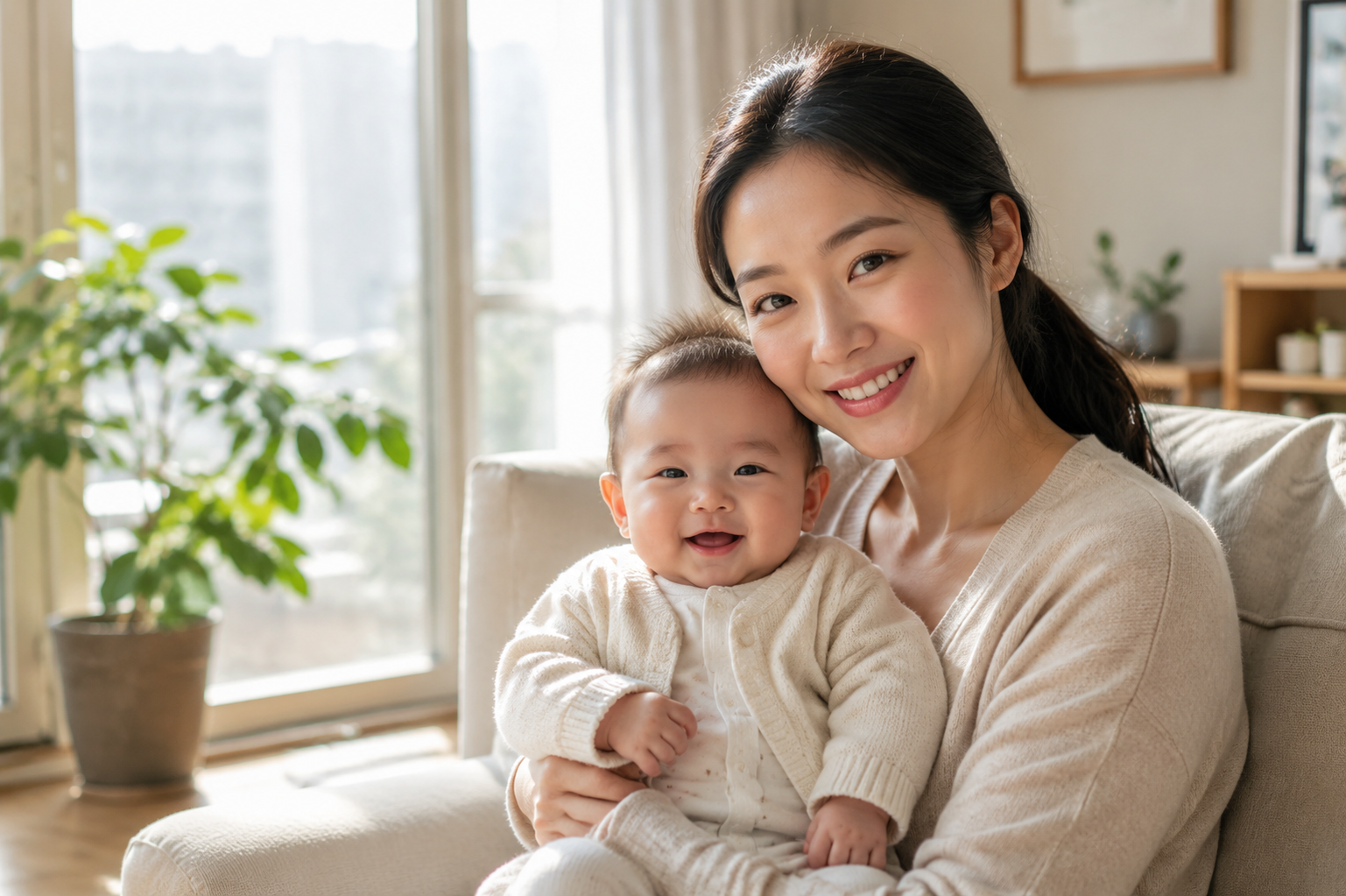 A beautiful Chinese young mother holding her 6-month-old baby in a bright living room. The baby is wearing comfortable and layered light clothes (a thin cotton onesie and a soft cardigan). Soft natural sunlight coming through the window. Warm and loving atmosphere, photorealistic, 8k resolution, highly detailed, soft lighting, shot on 35mm lens --ar 3:4