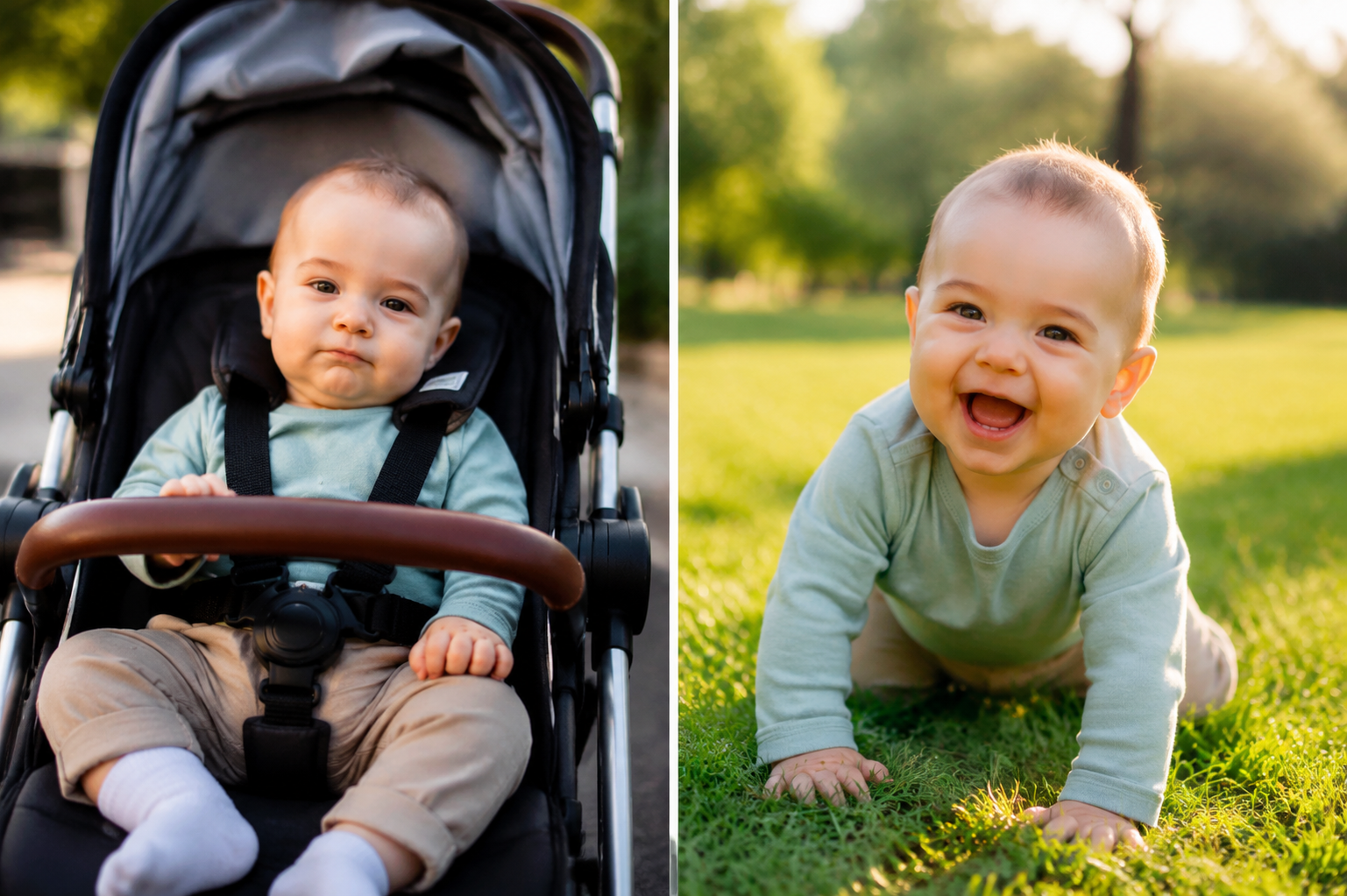 High quality photorealistic photography, a split-screen composition. Left side: a bored 8-month-old baby sitting in a modern stroller. Right side: the same baby laughing happily while touching green grass on the ground in a sunny park. Warm early summer sunlight, cinematic lighting, vivid colors, 8k resolution, shot on 85mm lens, blurred background. --ar 3:4